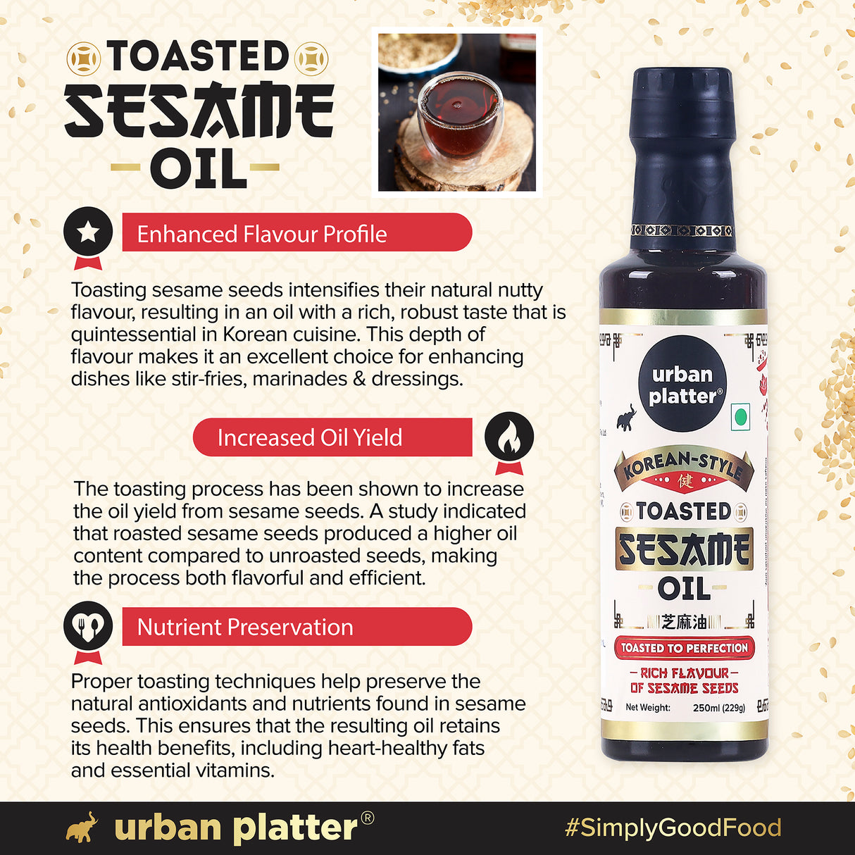 Urban Platter Korean-Style Toasted Sesame Oil, 250ml (Cold-Pressed | Rich Flavour | known as Chamgireum | Perfect finishing oil for all Asian dishes)