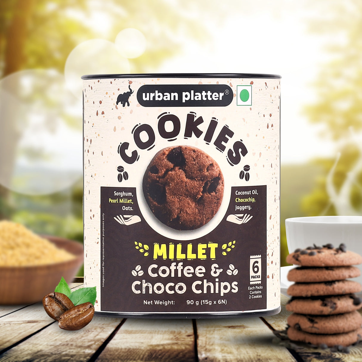 Urban Platter Millet Coffee Chocolate Chip Cookies, 90g (15g x 6N) (Made with Millets & Oats | Gluten-free | Refined Sugar-free | Preservative-free )