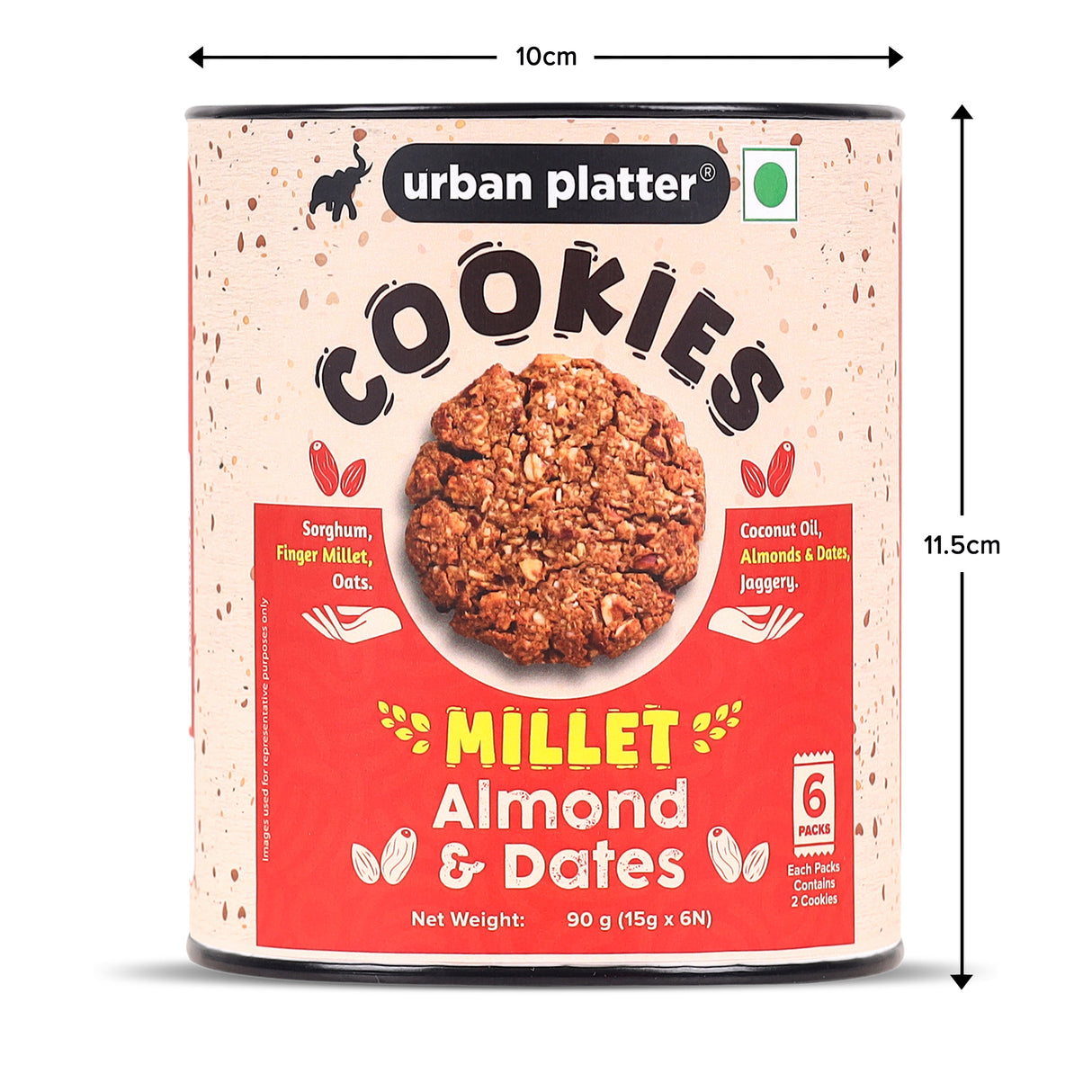 Urban Platter Millet Date and Almond Cookies, 90g (15g x 6N) (Made with Millets & Oats | Gluten-free | Refined Sugar-free | Preservative-free )