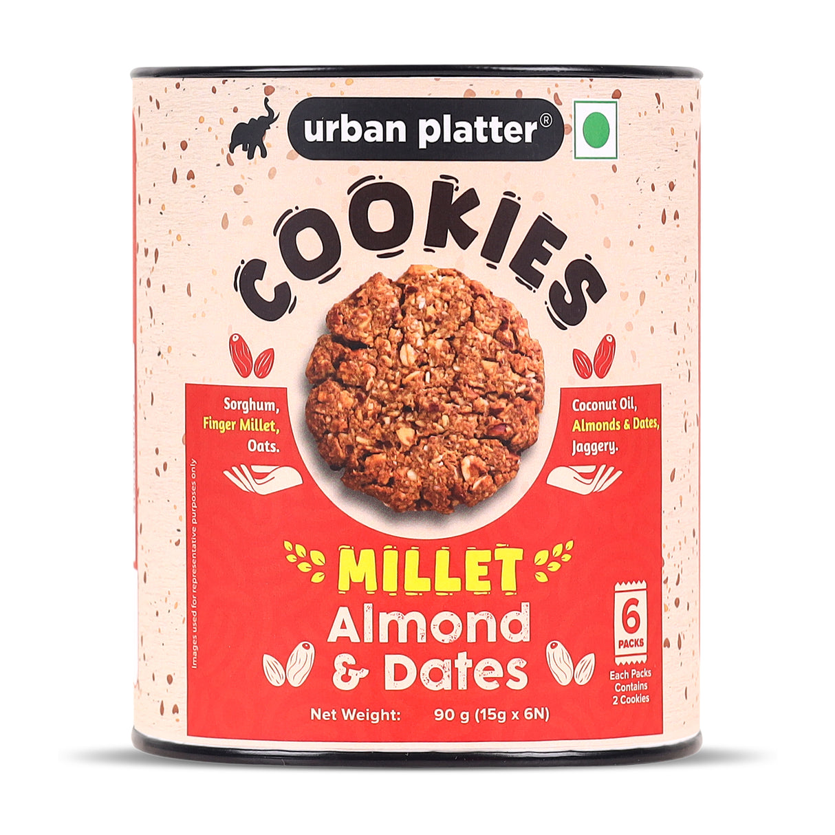 Urban Platter Millet Date and Almond Cookies, 90g (15g x 6N) (Made with Millets & Oats | Gluten-free | Refined Sugar-free | Preservative-free )