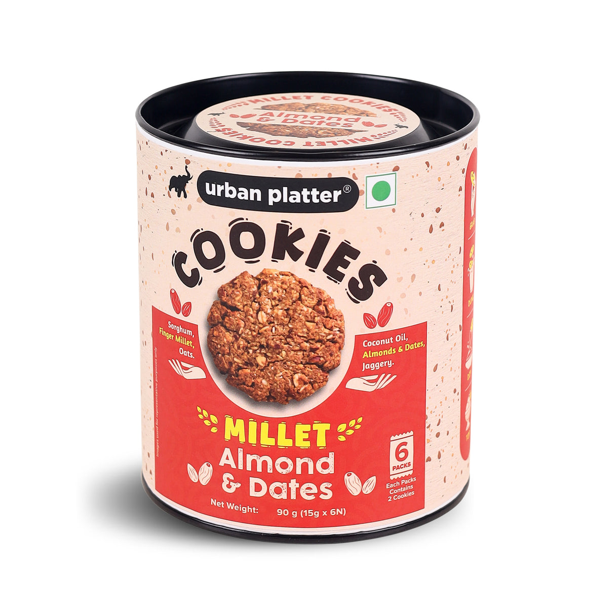 Urban Platter Millet Date and Almond Cookies, 90g (15g x 6N) (Made with Millets & Oats | Gluten-free | Refined Sugar-free | Preservative-free )