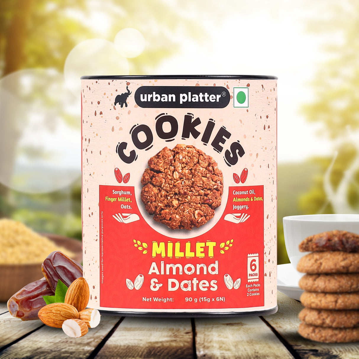 Urban Platter Millet Date and Almond Cookies, 90g (15g x 6N) (Made with Millets & Oats | Gluten-free | Refined Sugar-free | Preservative-free )