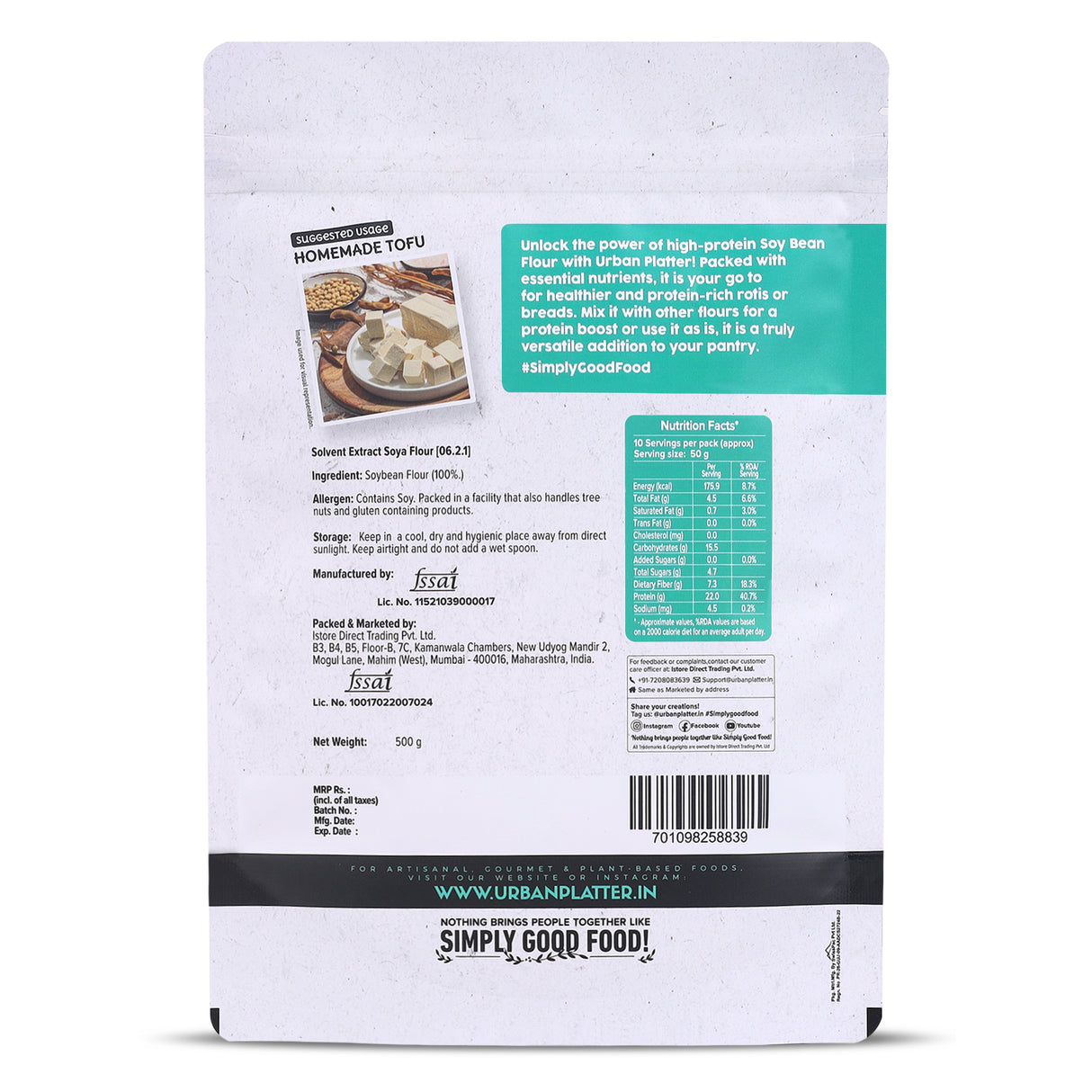 Soy Bean Flour, 500g (22g of Protein Per Serving, Good Source of Fiber, Ideal for Baking, Gluten-free and High Protein Recipes)