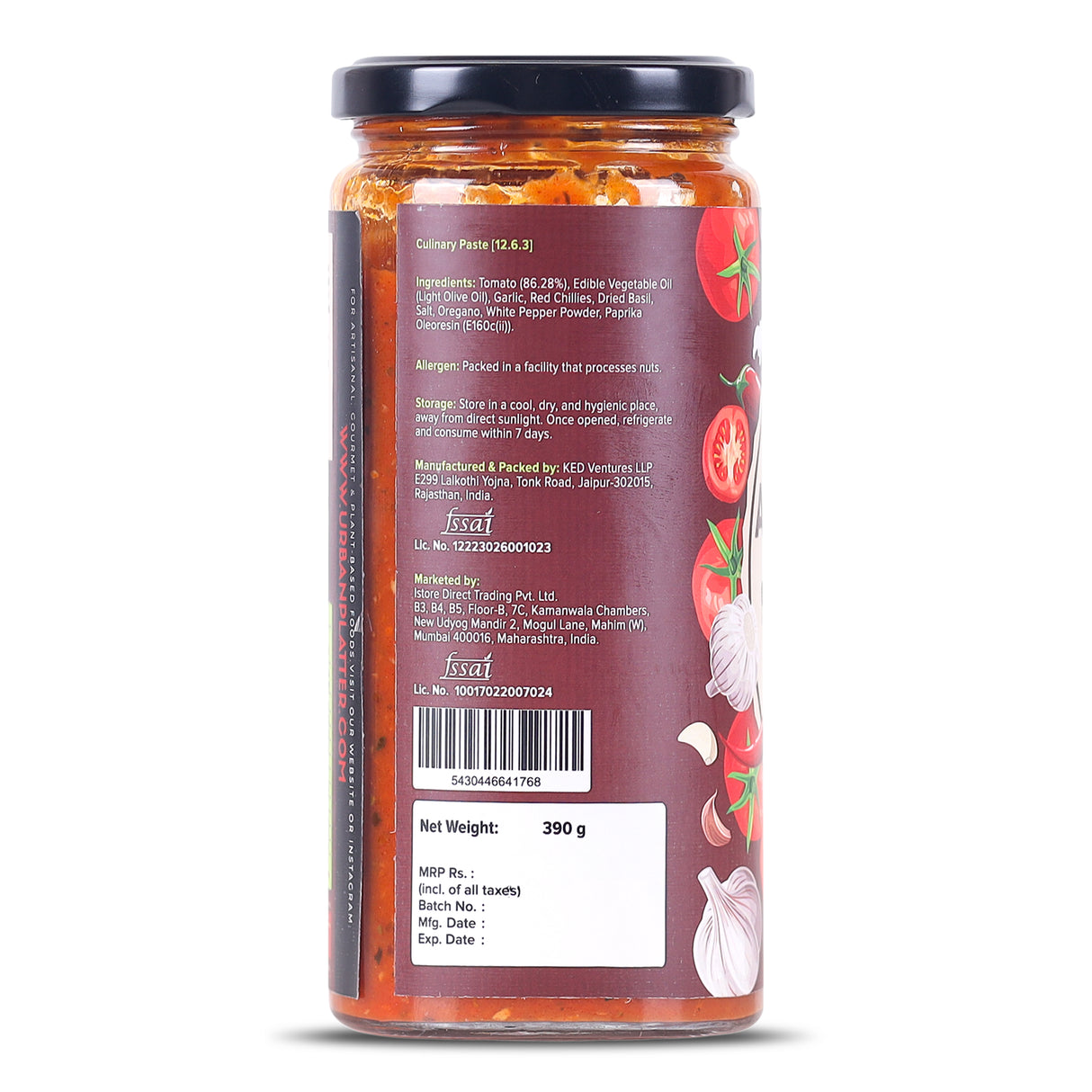 Arrabbiata Sauce, 390g (Plant Based | Preservative-free | Italian Inspired Sauce for Pasta, Pizza and More)