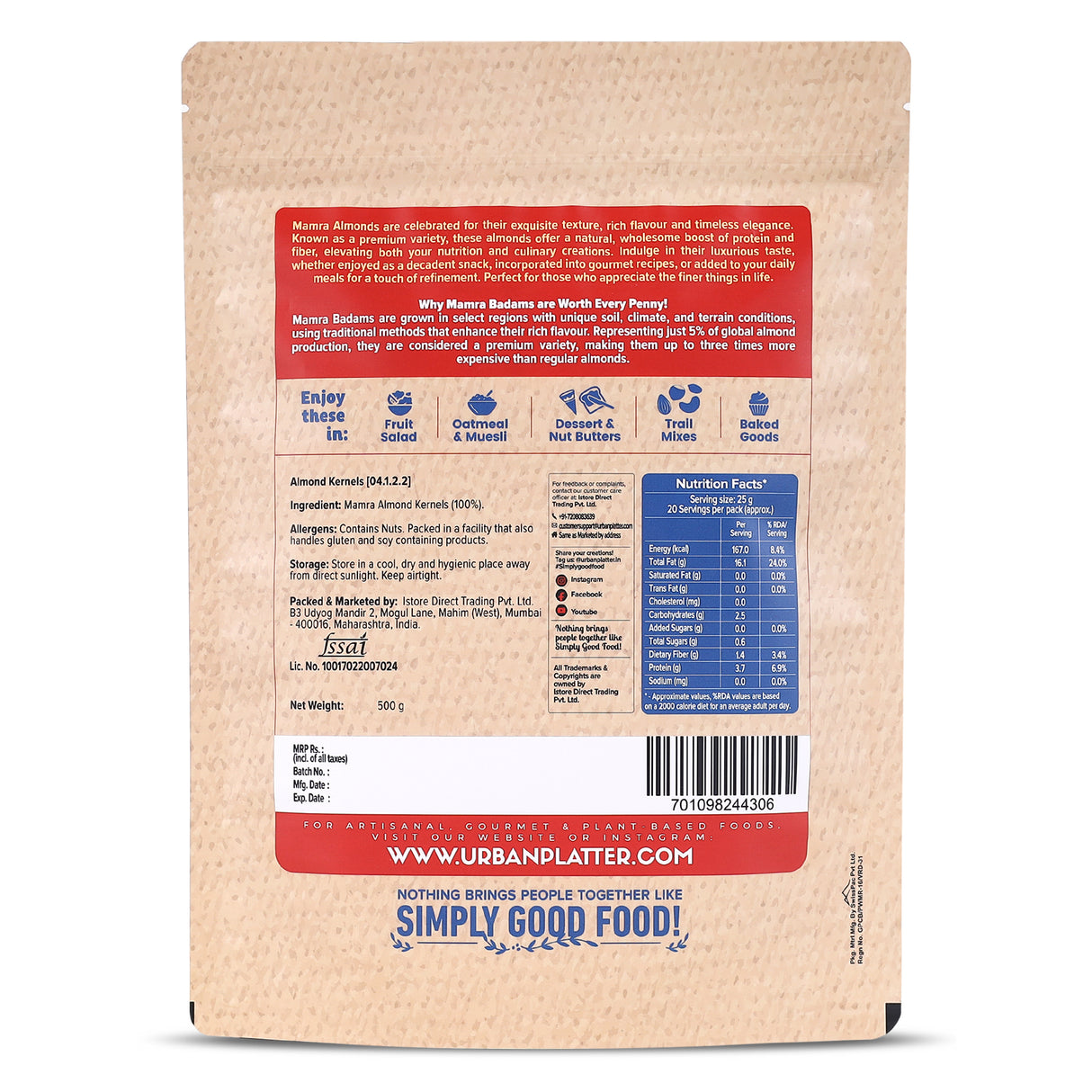 Urban Platter Mamra Almonds, 1Kg