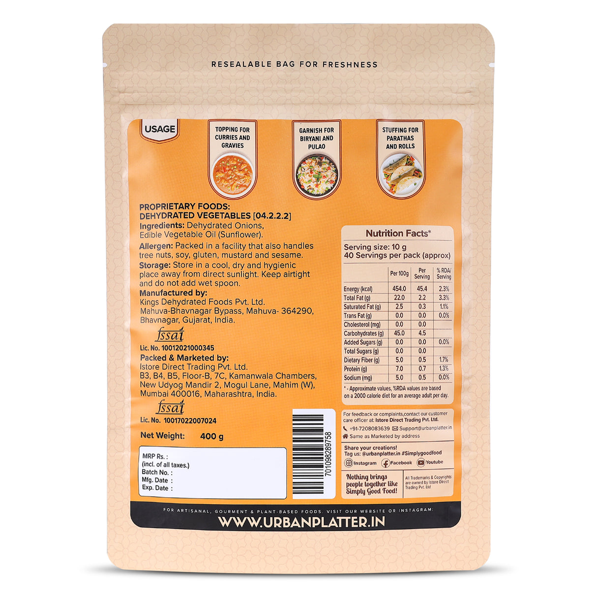 Urban Platter Crispy Fried Onion Birista, 400g (Fried in Sunflower Oil | No Added Salt | Preservative-Free | Ready to Use)