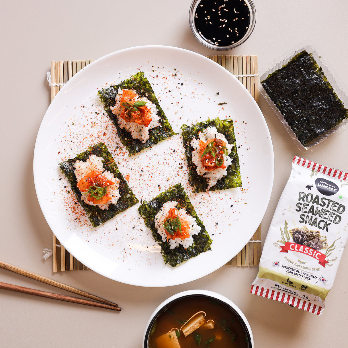 Urban Platter Roasted Seaweed Snack - Classic Sea Salt, 5g (Pack of 3, Ready to eat snack | Sugar Free | Crispy Umami Nori Chips)
