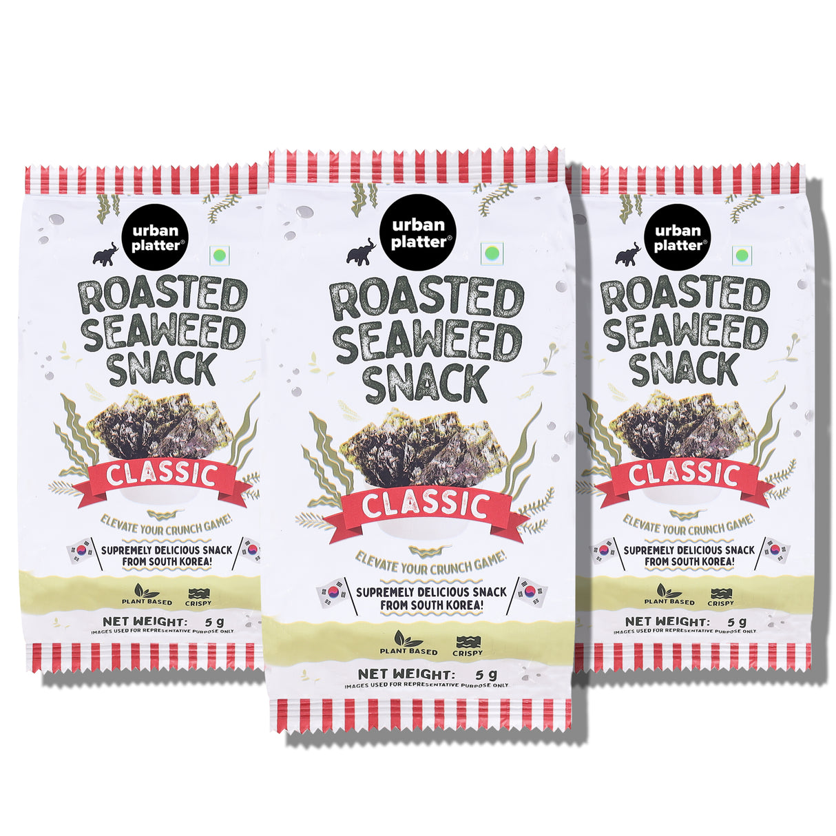 Urban Platter Roasted Seaweed Snack - Classic Sea Salt, 5g (Pack of 3, Ready to eat snack | Sugar Free | Crispy Umami Nori Chips)