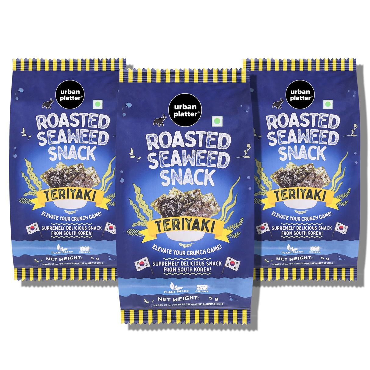 Urban Platter Roasted Seaweed Snack - Teriyaki, 5g (Pack of 3, Ready to eat snack | Crispy Umami Nori Chips | Spicy Teriyaki Flavour)