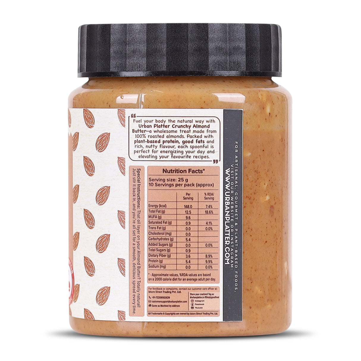 Urban Platter Crunchy Almond Butter, 250g (With Roasted Almonds bits | Single Ingredient | Keto-Friendly)
