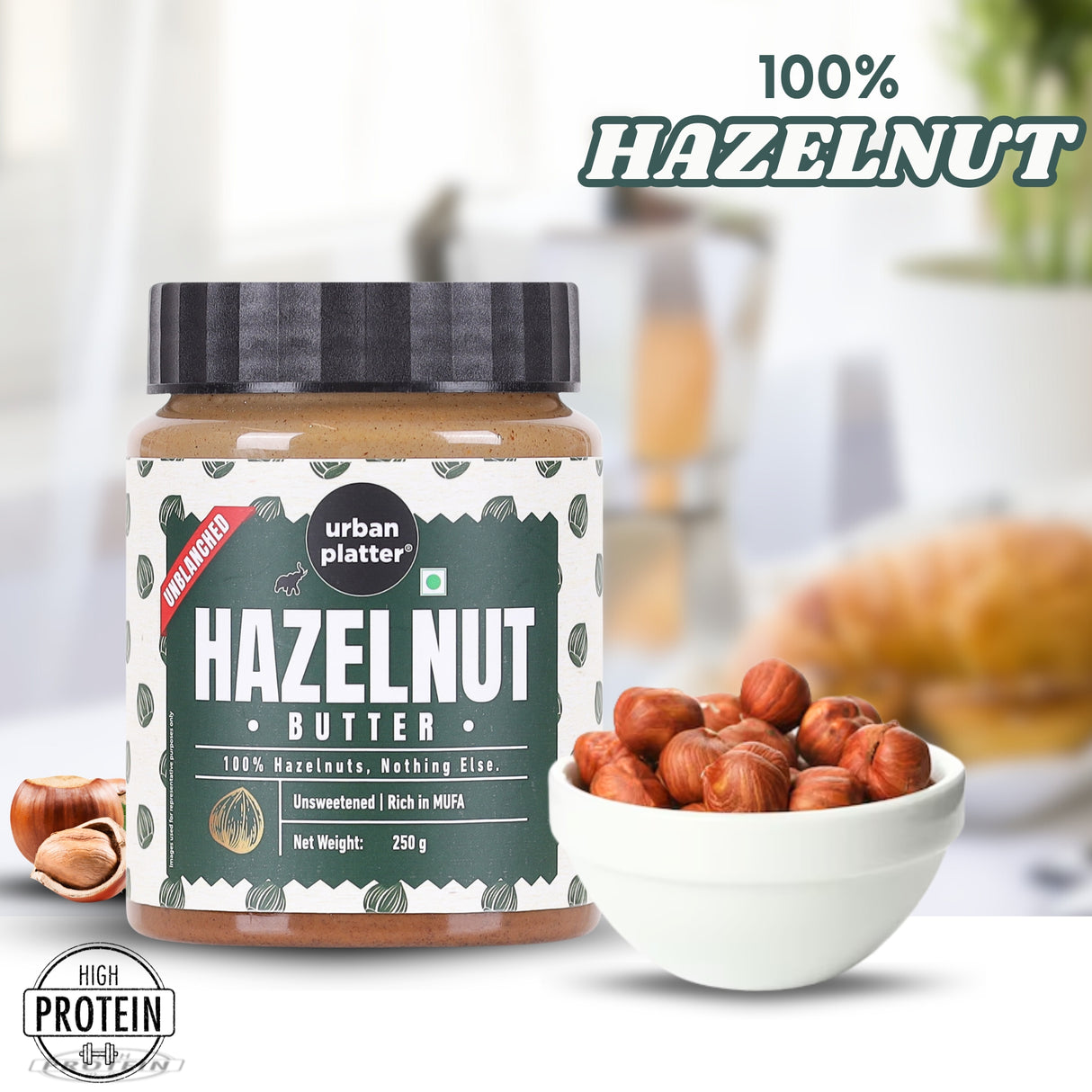 Urban Platter Hazelnut Butter (With Skin), 250g (Bold & Nutty Flavour | Single Ingredient | Keto-friendly | Unblanched Paste)