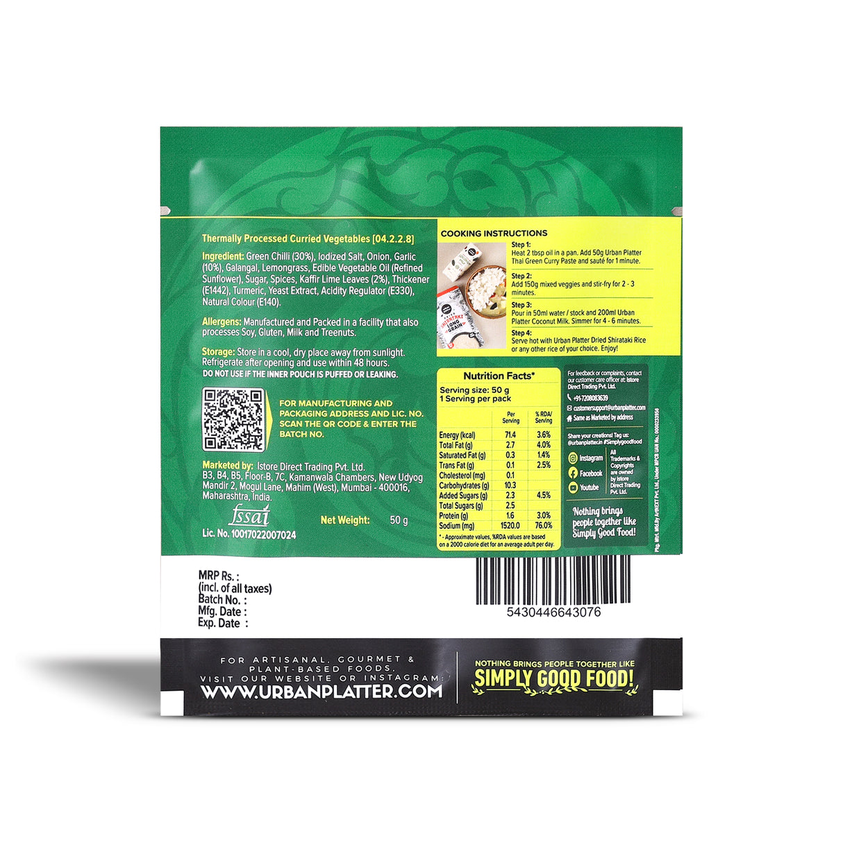 Urban Platter Green Thai Curry Paste, 50g (Plant-Based | Mildly Spicy | Serves 2-3 | Free from Preservatives, Colours, Flavours)