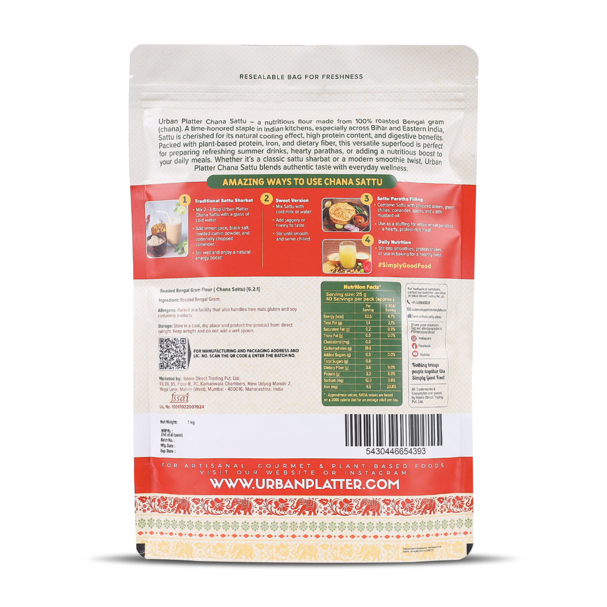 Urban Platter Chana Sattu Powder, 1kg (Traditional Roasted Gram Flour | Rich in Protein | Perfect for Sattu Drink | Gluten Free)