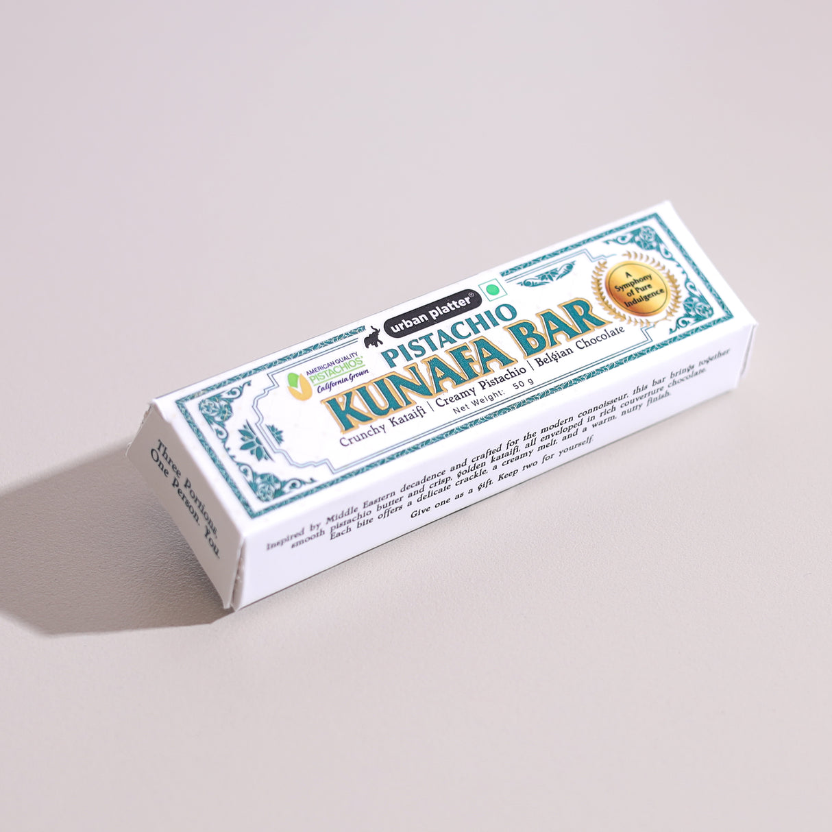 Urban Platter Pistachio Kunafa Bar, 50g (Middle Eastern Inspired Chocolate Bar Filled with Pistachio Butter & Kataifi, 58% Belgian Chocolate, Plant-Based)