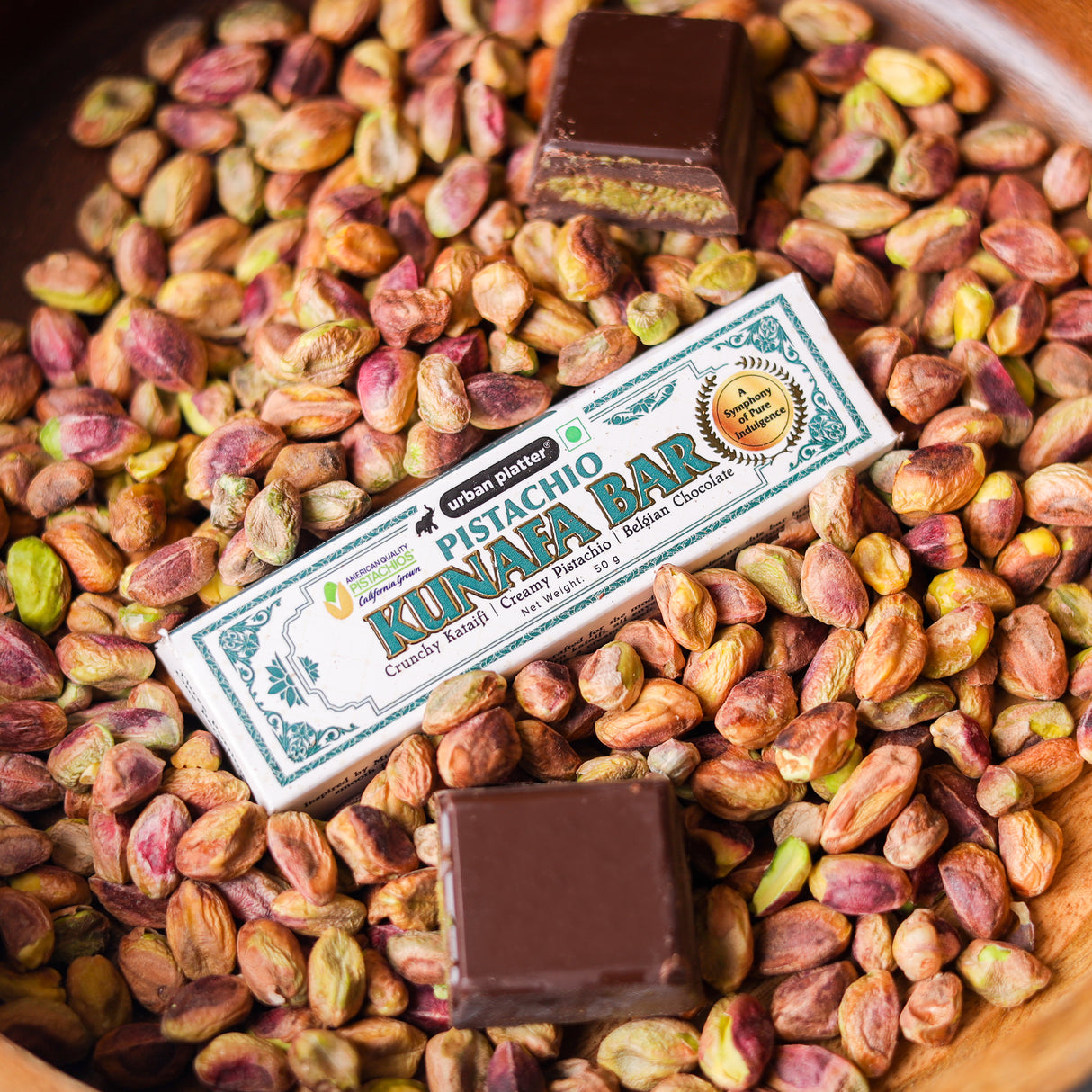Urban Platter Pistachio Kunafa Bar, 50g (Middle Eastern Inspired Chocolate Bar Filled with Pistachio Butter & Kataifi, 58% Belgian Chocolate, Plant-Based)