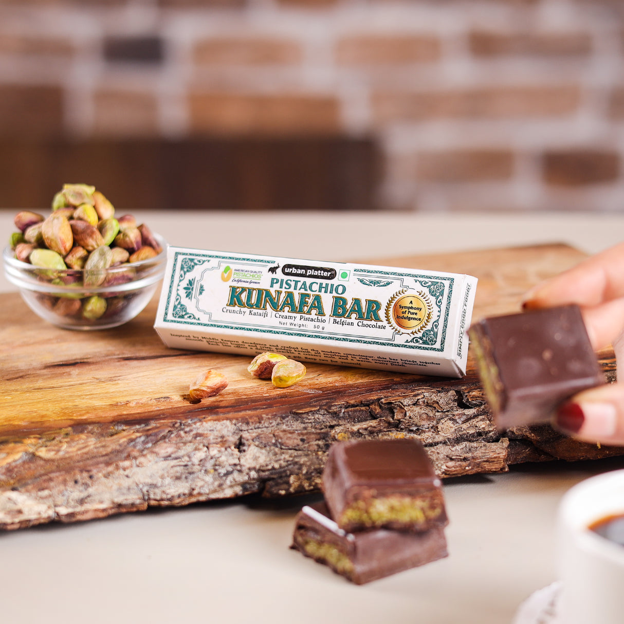 Urban Platter Pistachio Kunafa Bar, 50g (Middle Eastern Inspired Chocolate Bar Filled with Pistachio Butter & Kataifi, 58% Belgian Chocolate, Plant-Based)