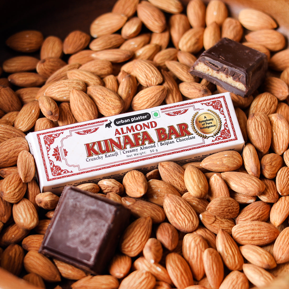 Urban Platter Amond Kunafa Bar, 50g (Middle Eastern Inspired Chocolate Bar Filled with Almond Butter & Kataifi, 58% Belgian Chocolate, Plant-Based)