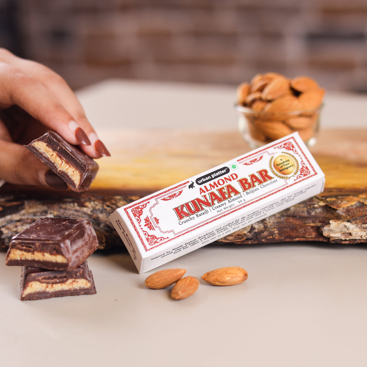 Urban Platter Amond Kunafa Bar, 50g (Middle Eastern Inspired Chocolate Bar Filled with Almond Butter & Kataifi, 58% Belgian Chocolate, Plant-Based)