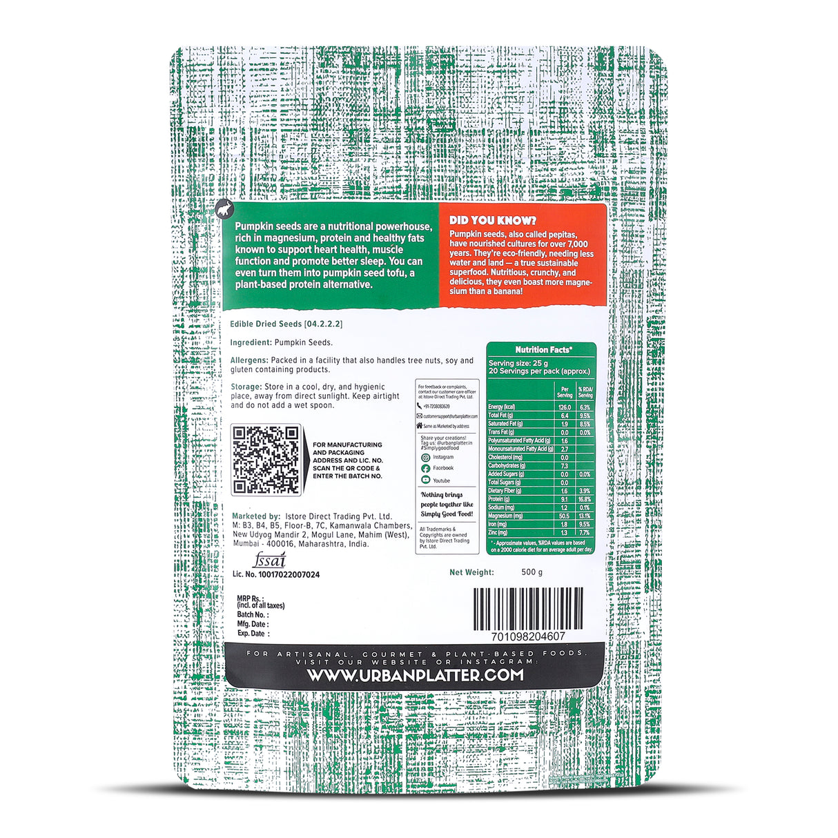 Urban Platter Raw Pumpkin Seeds, 500g (Use in Salads, Trail Mixes, Baked Goods, Granola Bars, Desserts | Keto Diet Friendly | Immunity Booster | Pepitas Seeds | Healthy Superfood Snack)