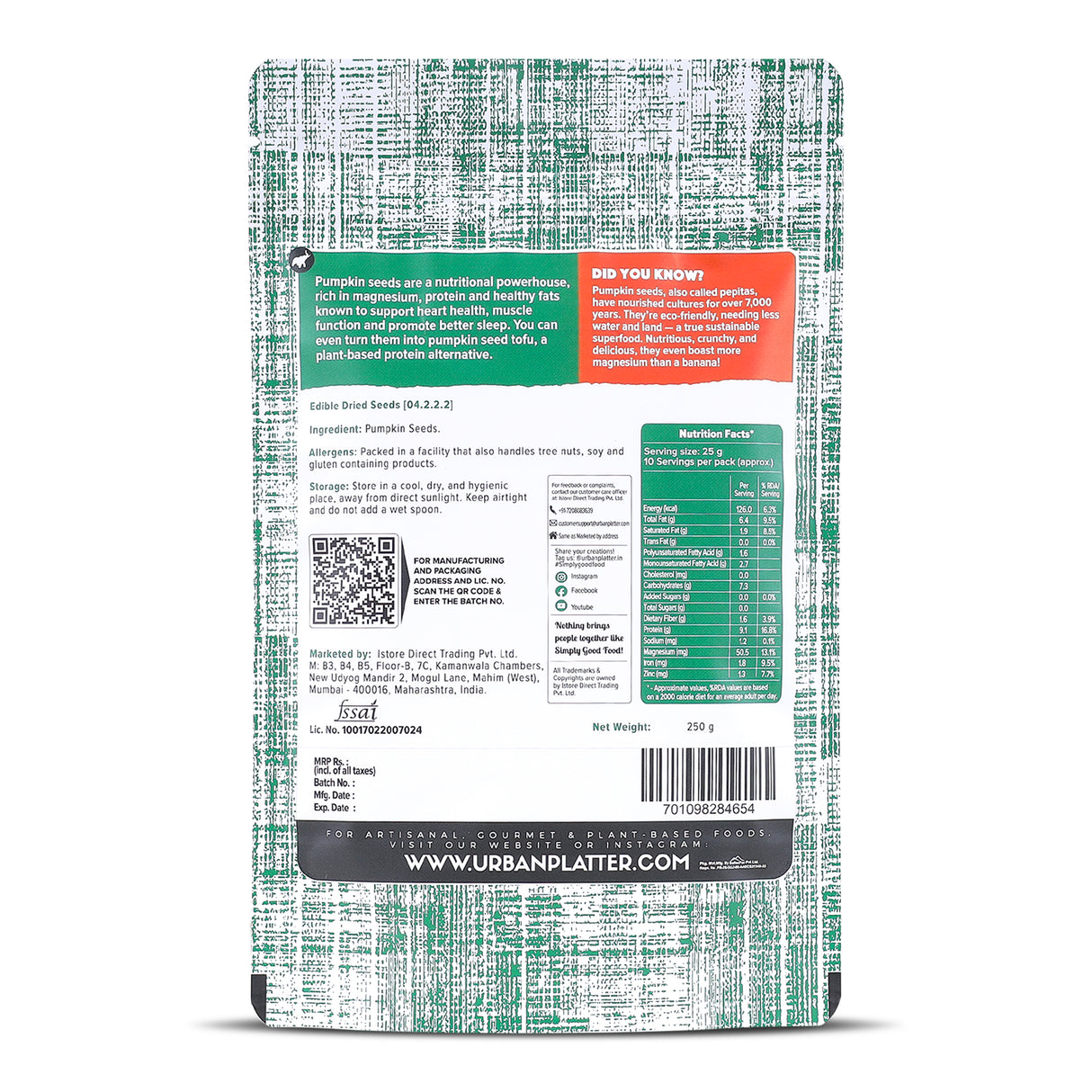 Urban Platter Pumpkin Seeds, 250g (Pepitas | Naturally Rich in Protein & Healthy Fats | Snack, Sprinkle & Bake)