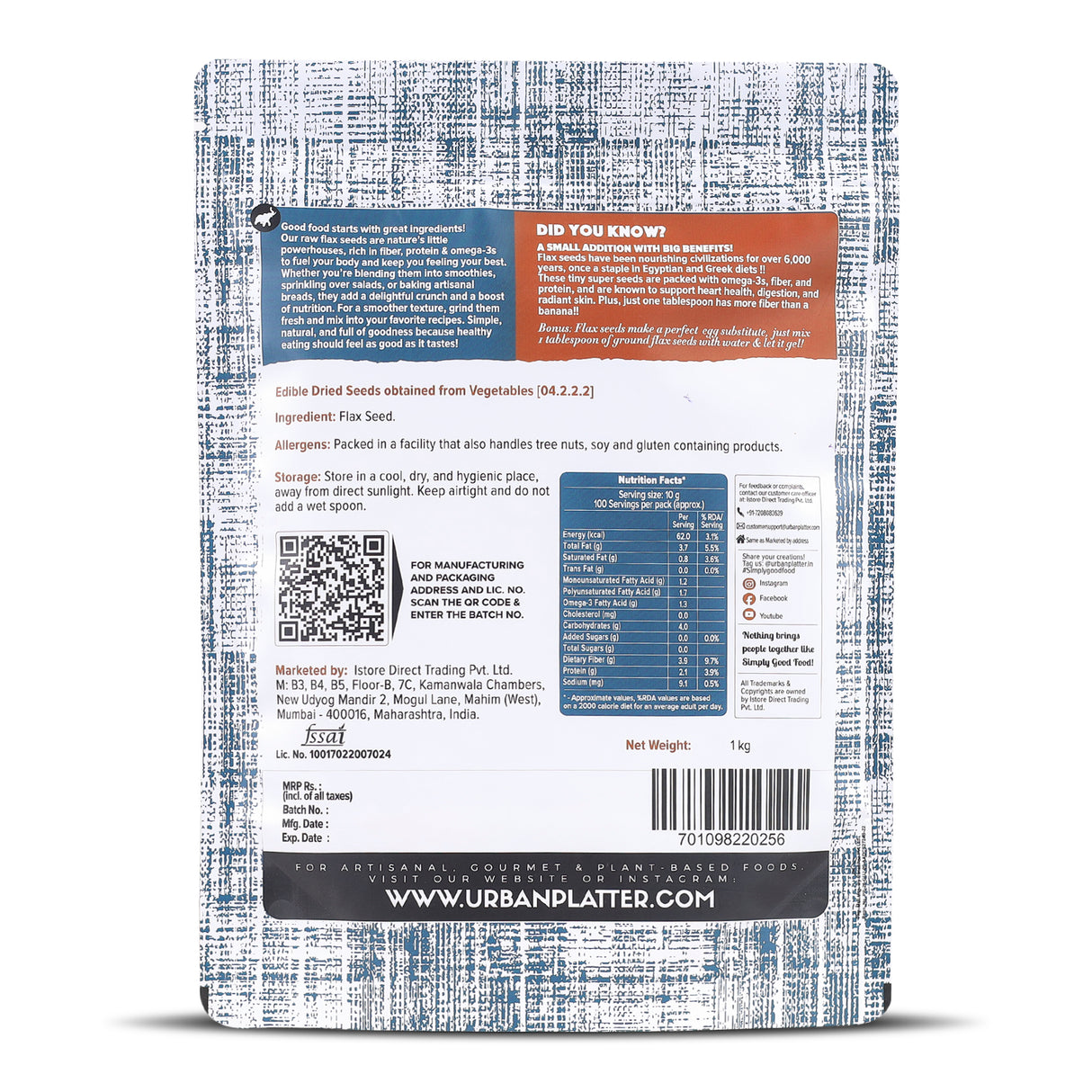 Urban Platter Flax Seeds, 1kg (Alsi, Heart-Healthy, Protein and Fiber Rich, Use in salads, After meal Digestive)