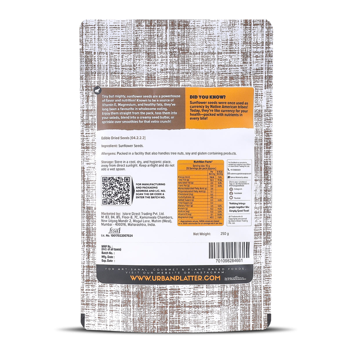 Urban Platter Sunflower Seeds, 250g (Protein & Fibre Rich, Vitamin E-Rich, Snacking, Salads & Baking)