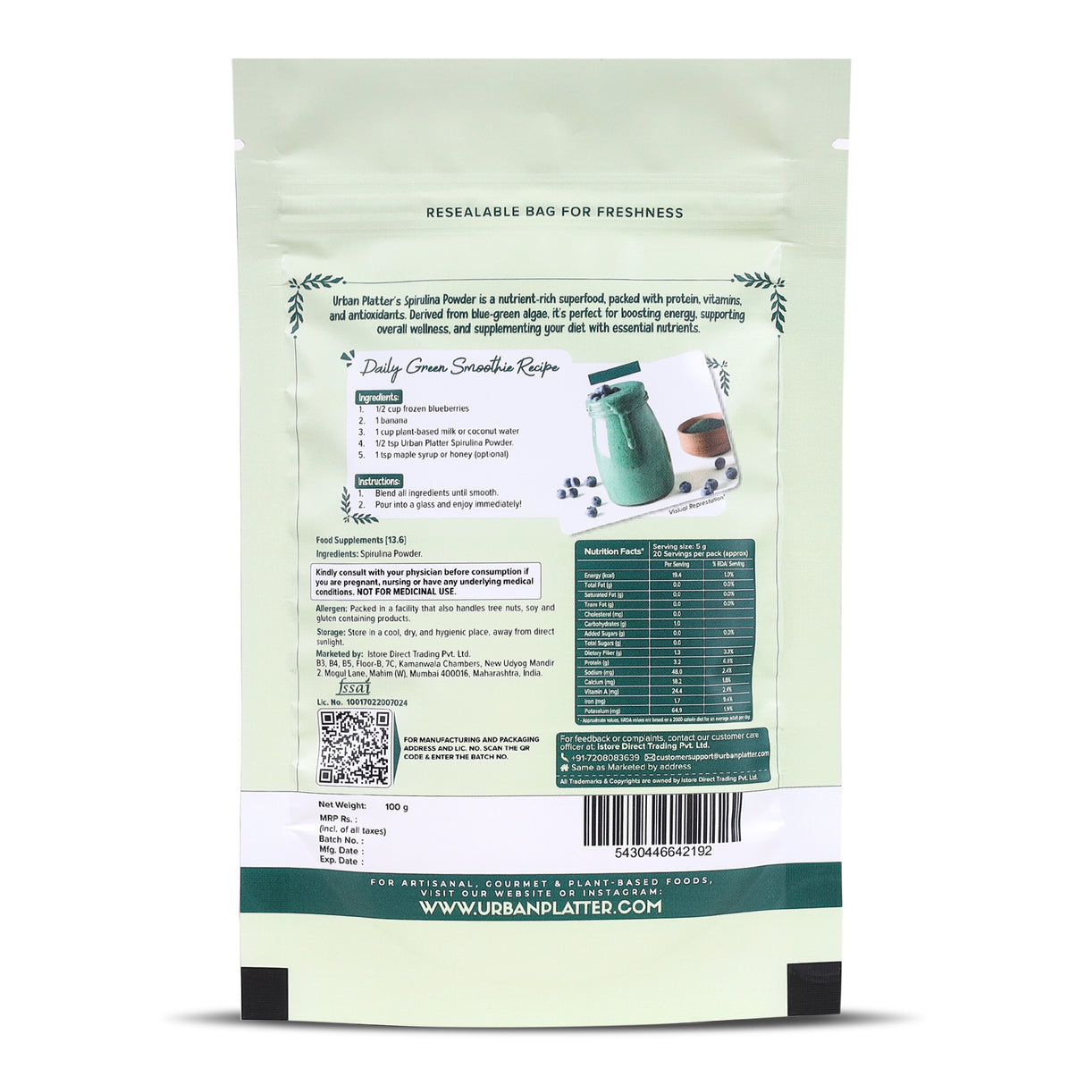 Pure Spirulina Powder, 100g (Naturally Nutrient-Dense | Supports Energy, Immunity & Detox | Rich in Protein & Iron)