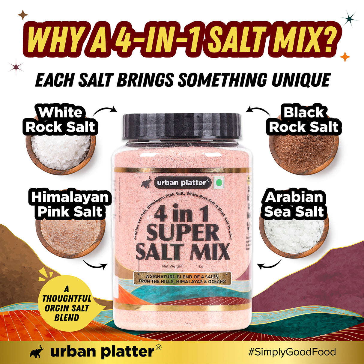 Urban Platter 4 in 1 Super Salt Mix, 1kg (Pink Himalayan Salt, White Rock Salt, Black Salt & Arabian Sea Salt | Signature Blend of Origin Salts | Everyday Cooking Essential)