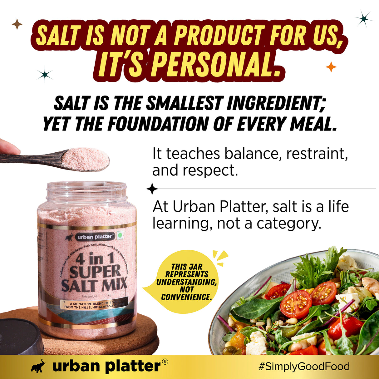 Urban Platter 4 in 1 Super Salt Mix, 1kg (Pink Himalayan Salt, White Rock Salt, Black Salt & Arabian Sea Salt | Signature Blend of Origin Salts | Everyday Cooking Essential)