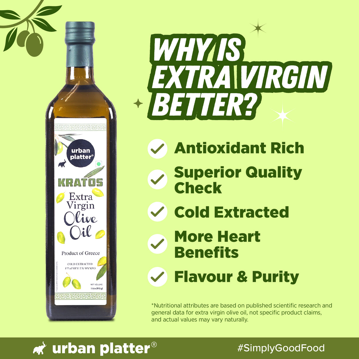 Urban Platter Kratos Cold Pressed Extra Virgin Olive Oil, 1L (Made in Greece, Single Variety Koroneiki Olives, Rich in Anti-oxidants)