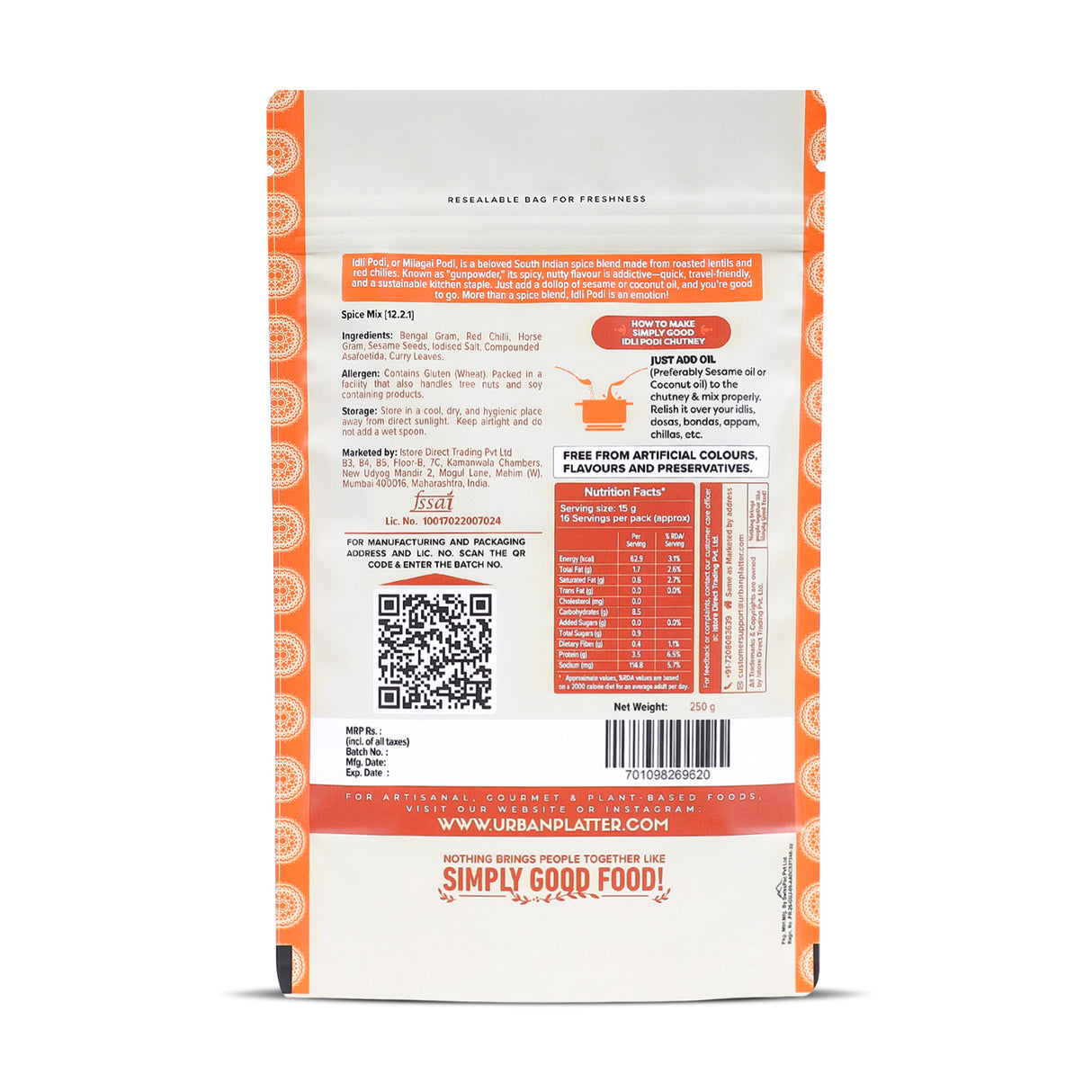 Urban Platter South Indian Style Instant Idli Podi Chutney Powder, 250g (Molaga Podi, Just Add Water)