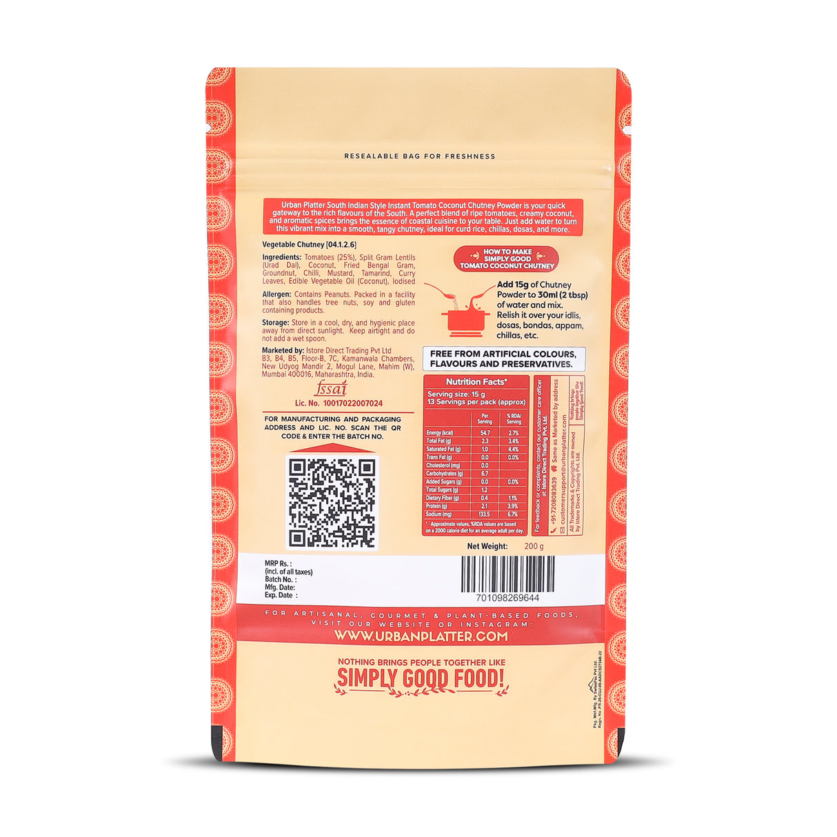 Urban Platter South Indian Style Instant Tomato Coconut Chutney Powder, 200g (Nariyal ki Chutney, Just Add Water)