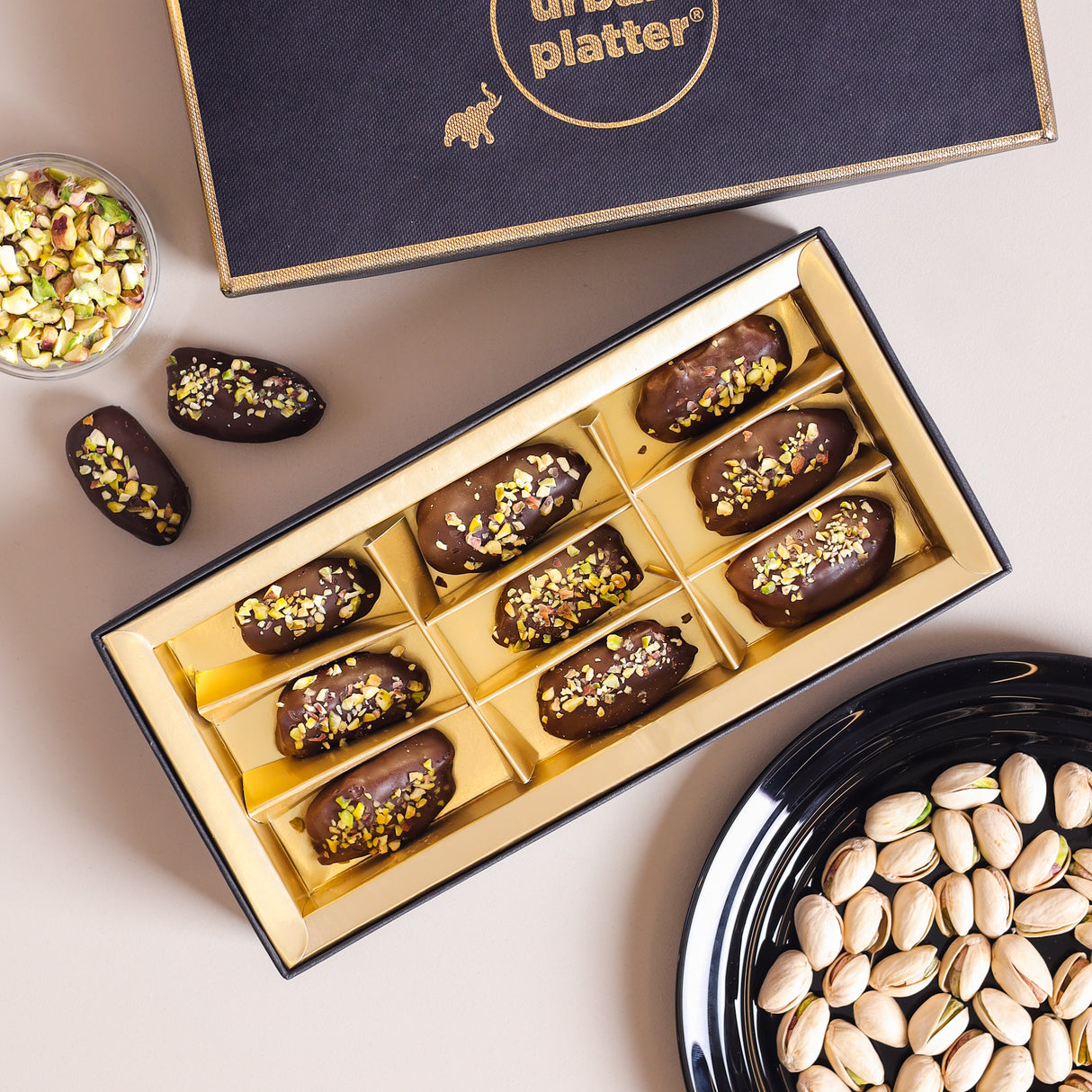 Urban Platter Stuffed Dates - Pistachio Kunafa Delight (Dark Chocolate Coated | Filled with Rich Pistachio Butter & Kataifi | Plant-Based | Preservative-Free | Box of 9 Gourmet Dates)