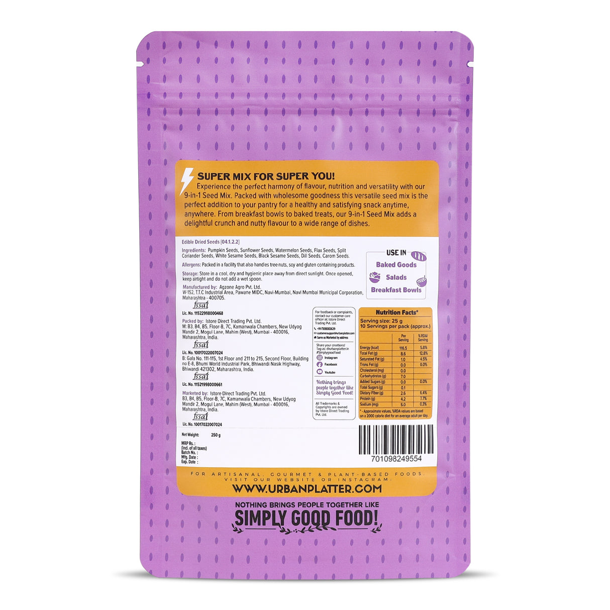 Urban Platter Unroasted 9-in-1 Super Seed Mix, 250g (High Protein & High Fiber Blend | Raw & Ready-to-Eat Superfood Snack)