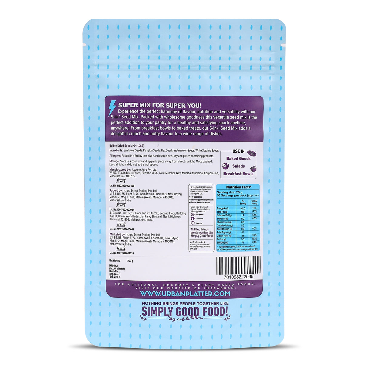 Urban Platter Unroasted 5-in-1 Super Seed Mix, 250g (High Protein & Fiber | Pumpkin, Sunflower, Watermelon, Sesame & Flax Seed Blend | Raw & Ready-to-Eat Superfood Snack)