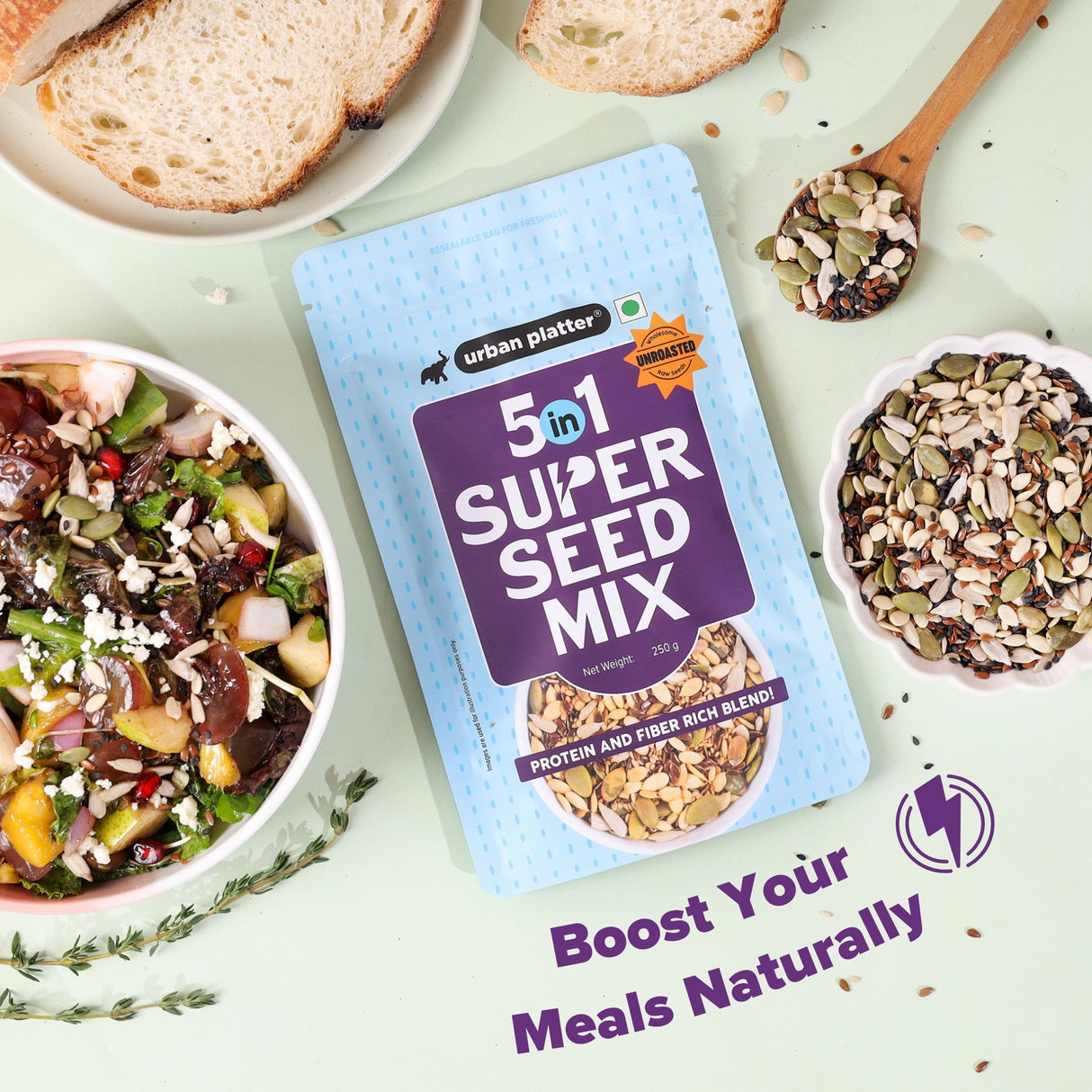 Urban Platter Unroasted 5-in-1 Super Seed Mix, 250g (High Protein & Fiber | Pumpkin, Sunflower, Watermelon, Sesame & Flax Seed Blend | Raw & Ready-to-Eat Superfood Snack)