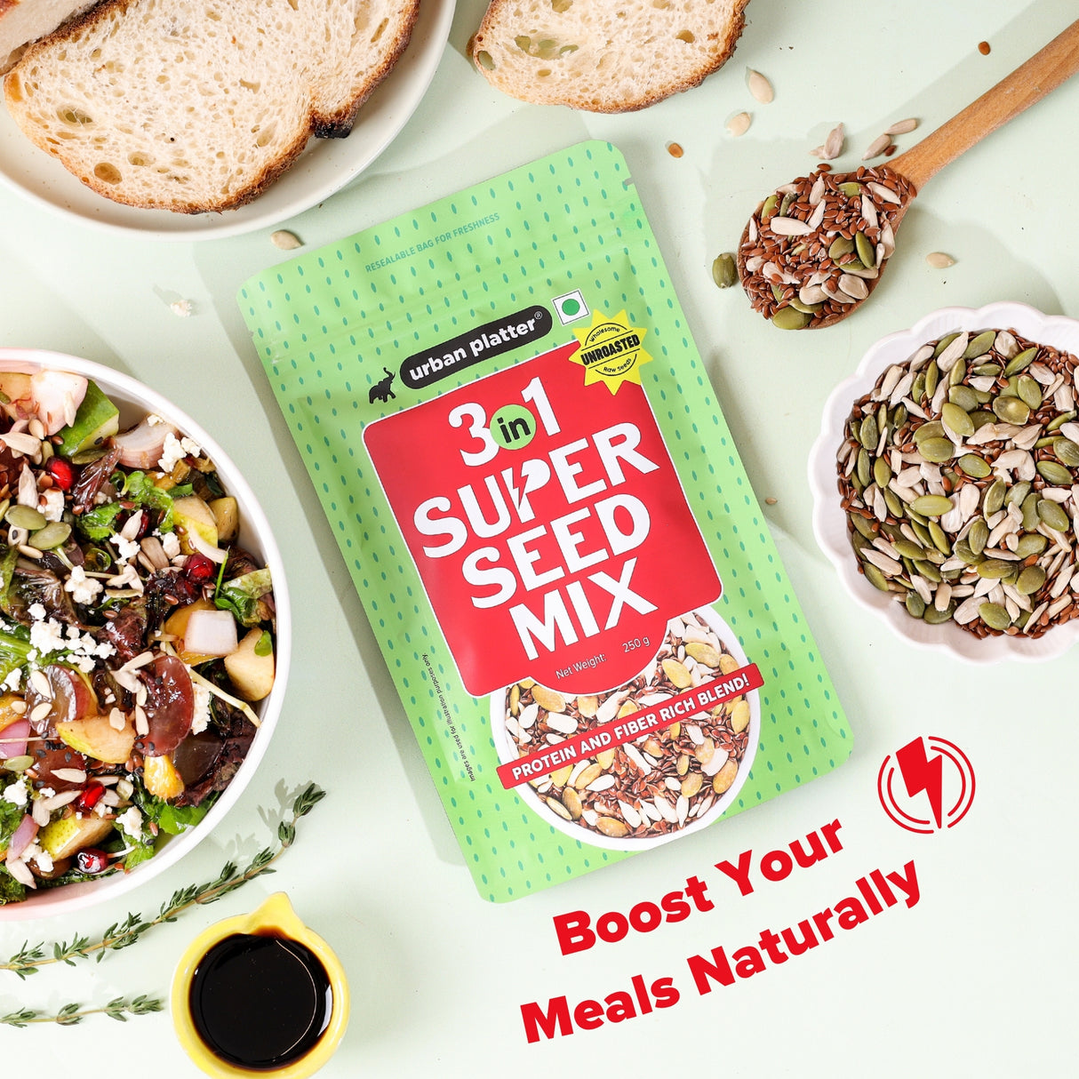 Urban Platter Unroasted 3-in-1 Super Seed Mix, 250g (High Protein & Fiber | Pumpkin, Sunflower & Flax Seed Blend | Raw & Ready-to-Eat Superfood Snack)