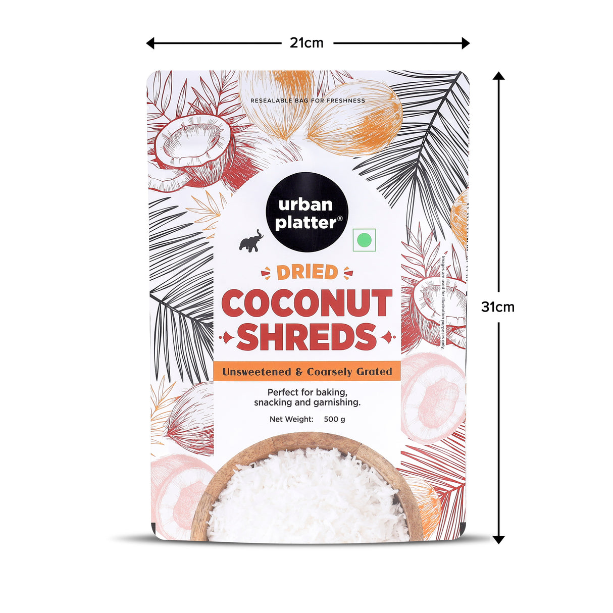 Urban Platter Dried Coconut Shreds, 500g (Long Flakes | Unsweetened | For Toppings, Baking & Snacking)