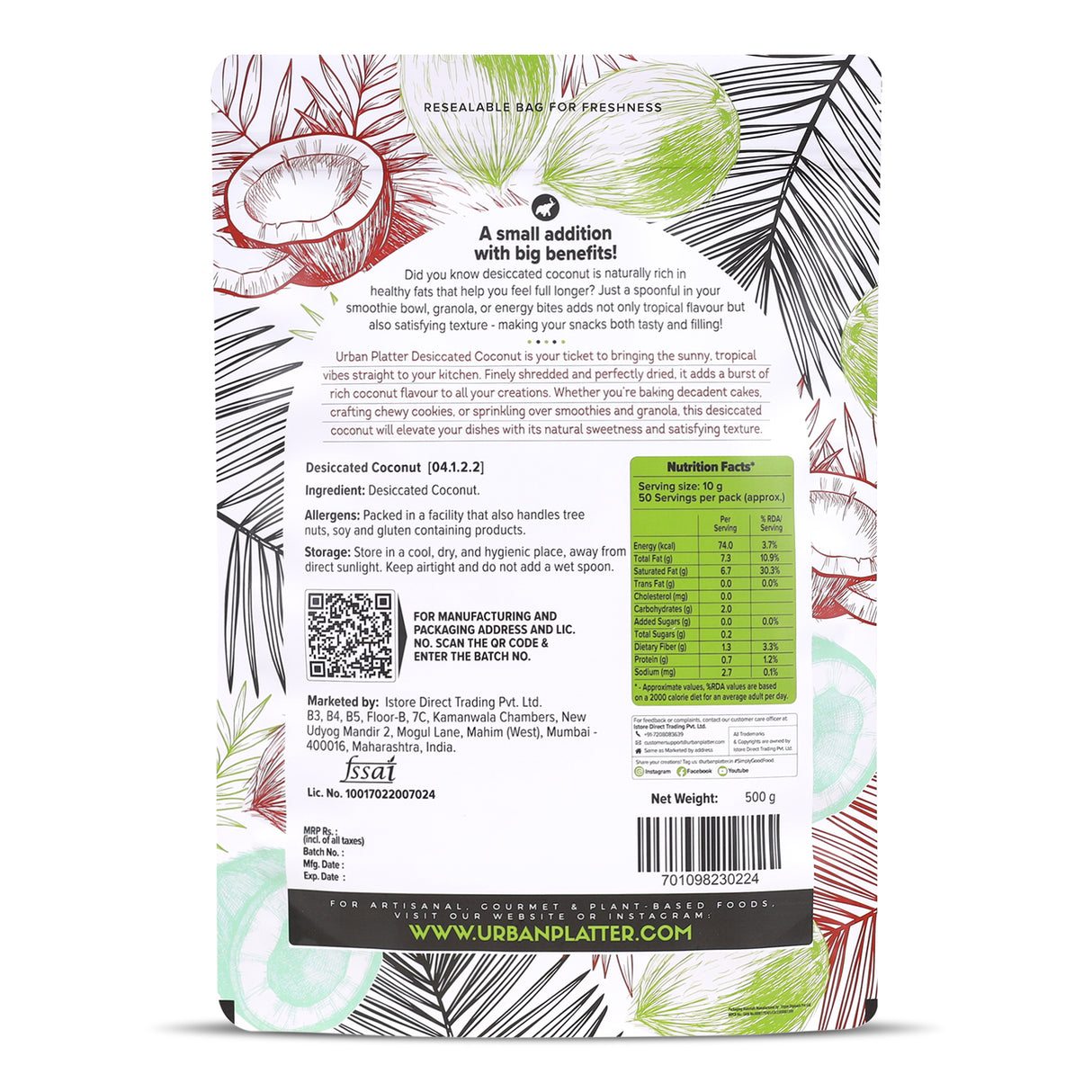 Urban Platter Desiccated Coconut, 500g (Unsweetened & Finely Shredded)