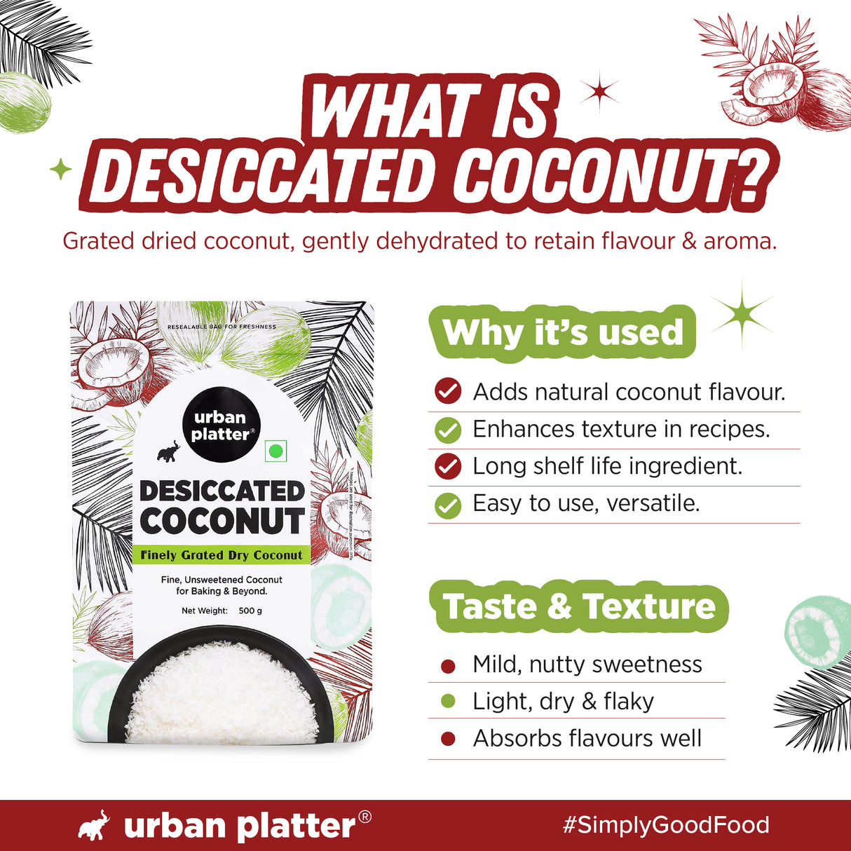 Urban Platter Desiccated Coconut, 500g (Unsweetened and Finely Grated, Ideal for Baking & Confectionery)