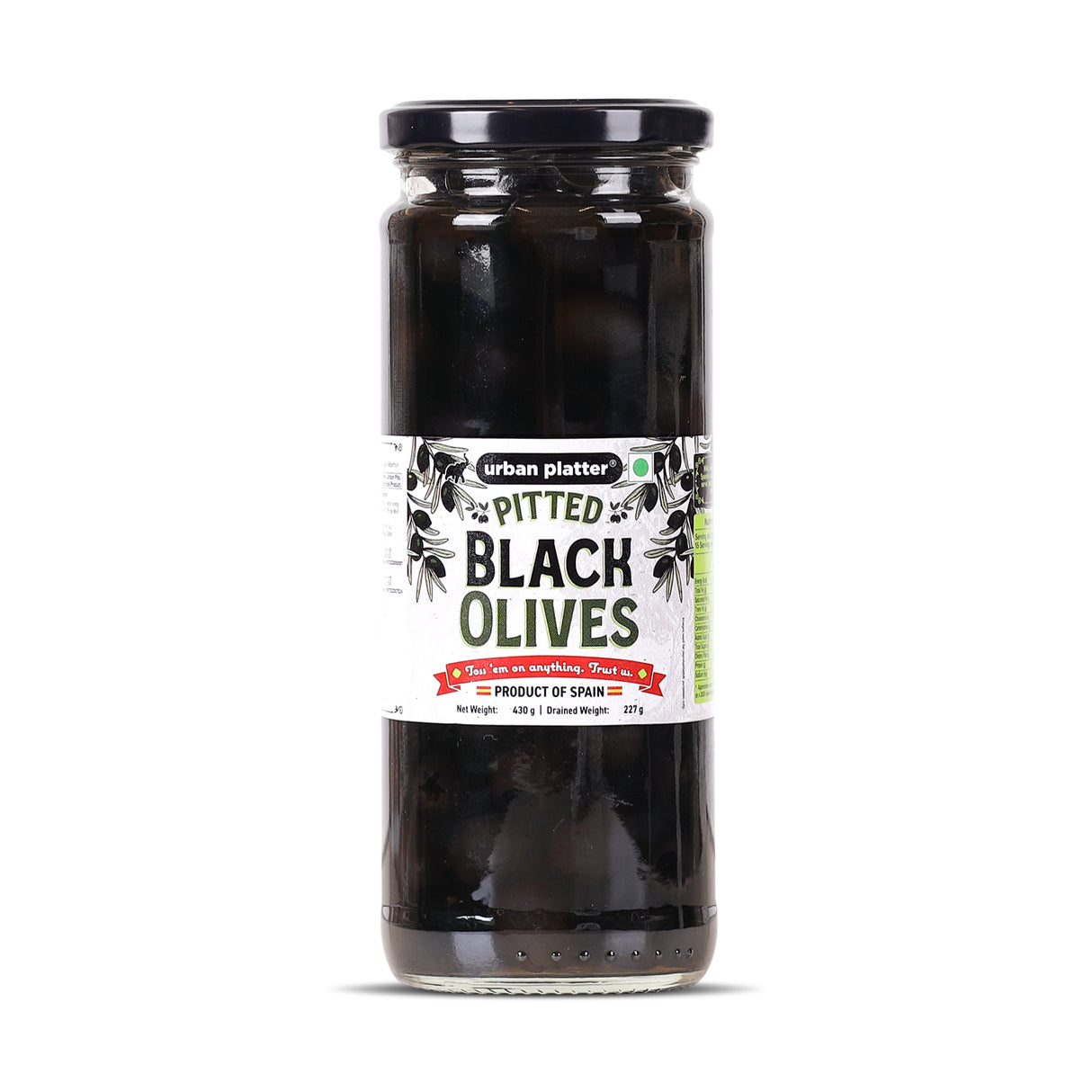 Urban Platter Pitted Black Spanish Olives, 430g (Whole & Seedless | Rich Mediterranean Taste | Ideal for Pizzas, Salads, Pasta & Snacking)
