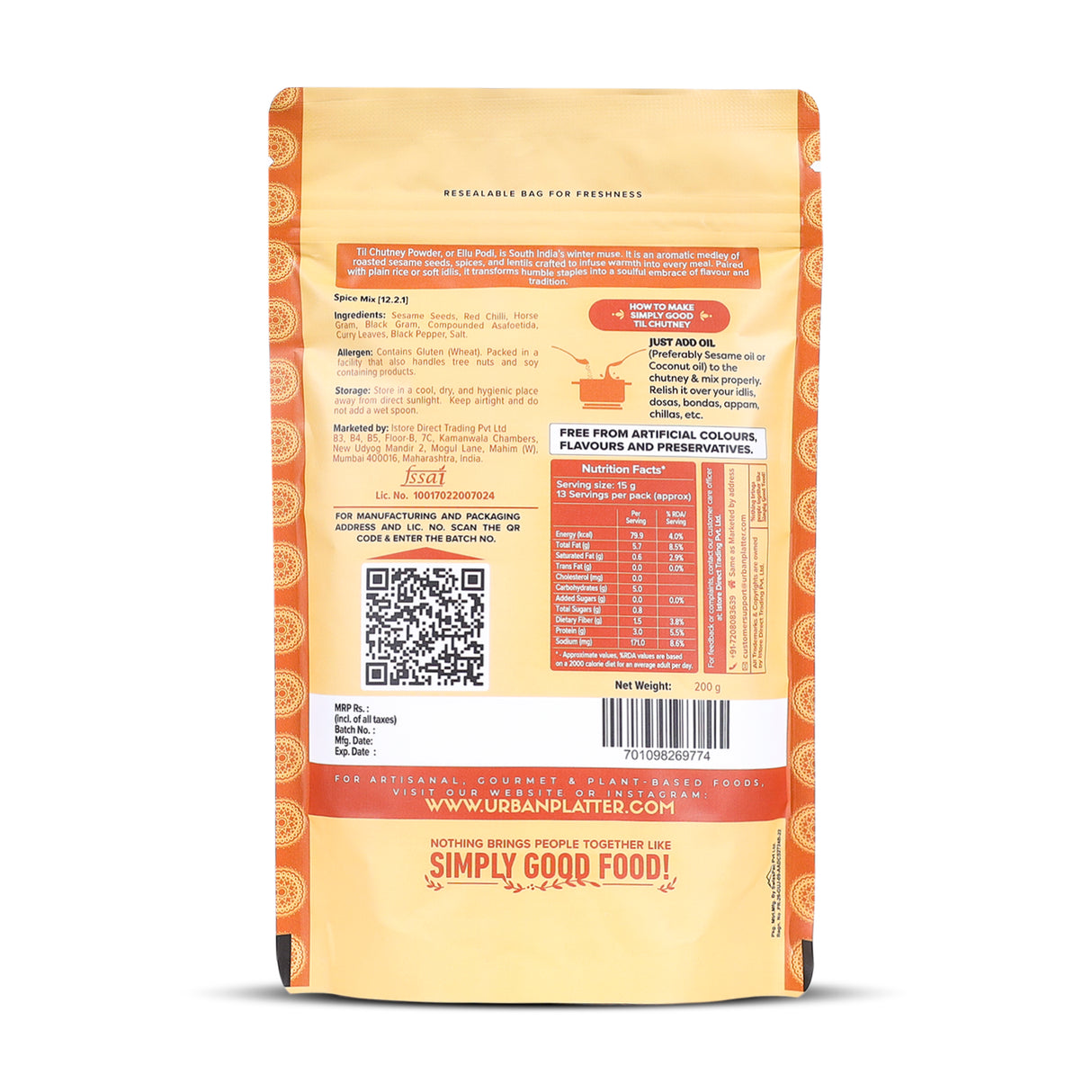 Urban Platter South Indian Style Instant Til Chutney Powder, 200g (Ellu Podi, Sesame Chutney, Just Add Water)