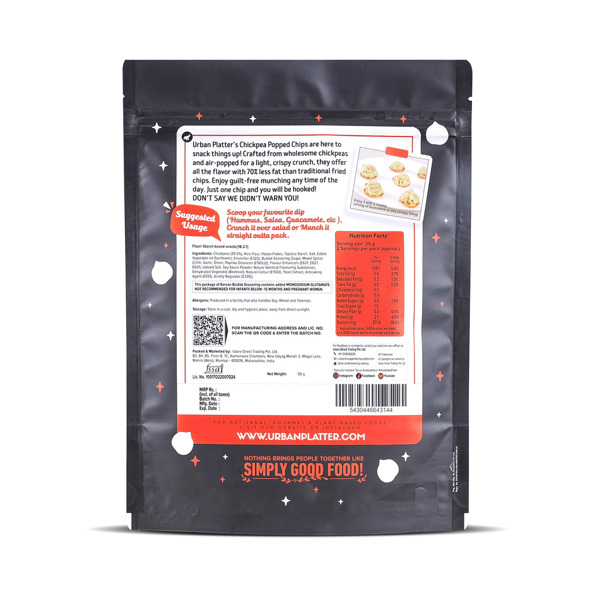 Urban Platter Chickpea Scoopers - Korean Buldak, 50g (Popped Chickpea Chips | Korean-Style Spicy Heat | Air Popped)