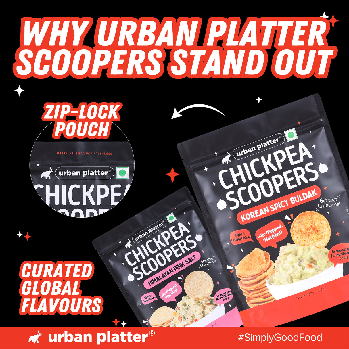Urban Platter Chickpea Scoopers - Korean Buldak, 50g (Popped Chickpea Chips | Korean-Style Spicy Heat | Air Popped)