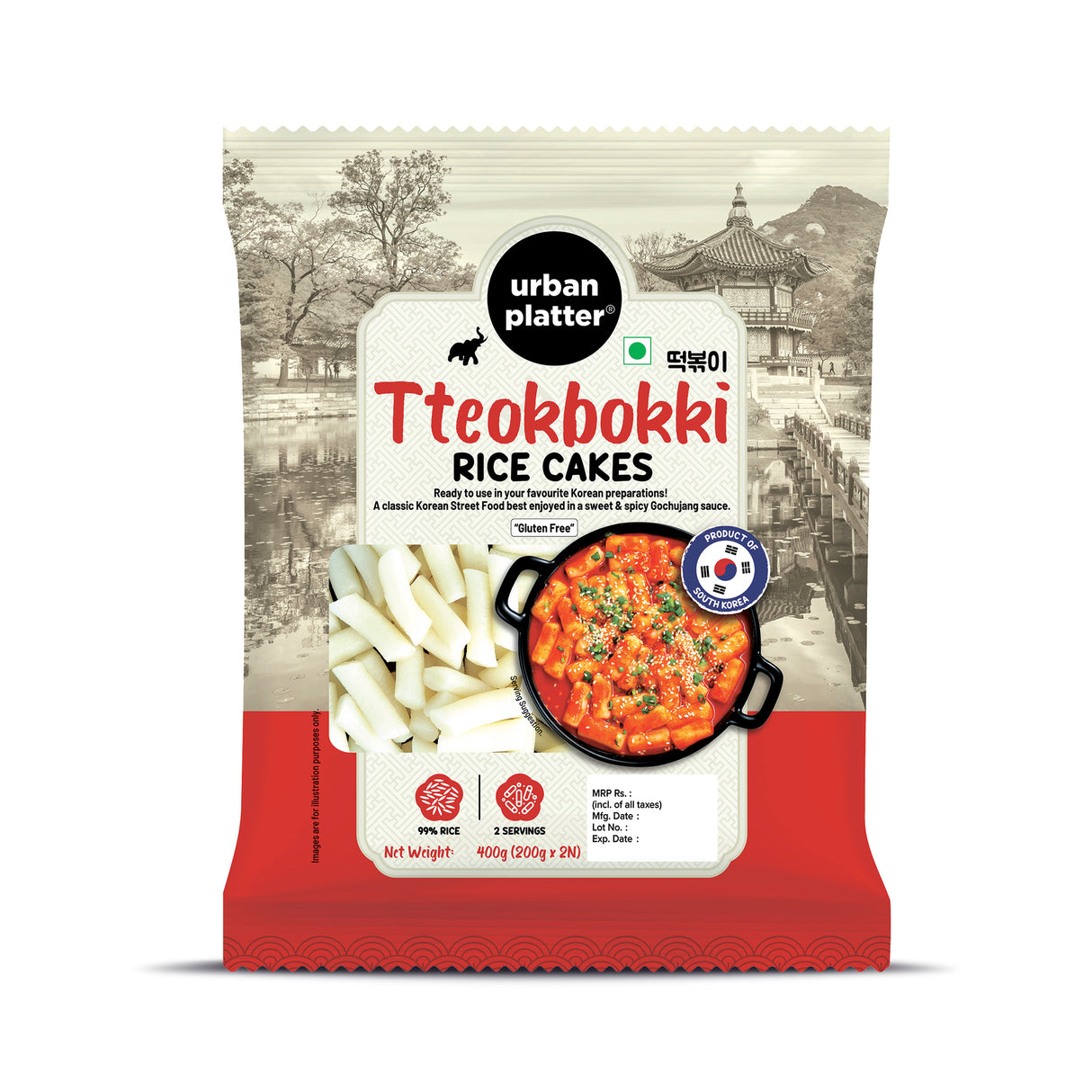 Urban Platter Classic Korean Tteokbokki Rice Cakes, 400g (200g x 2N | Soft & Chewy Garaetteok | Ready to Cook K-Drama Food | No Preservatives)