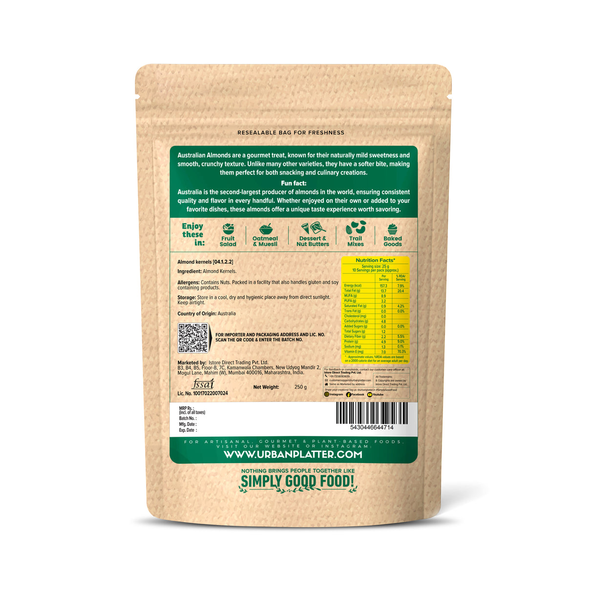 Urban Platter Australian Almonds, 250g (Fresh, Crunchy, Carefully Sourced for Daily Wellness) - product image 2