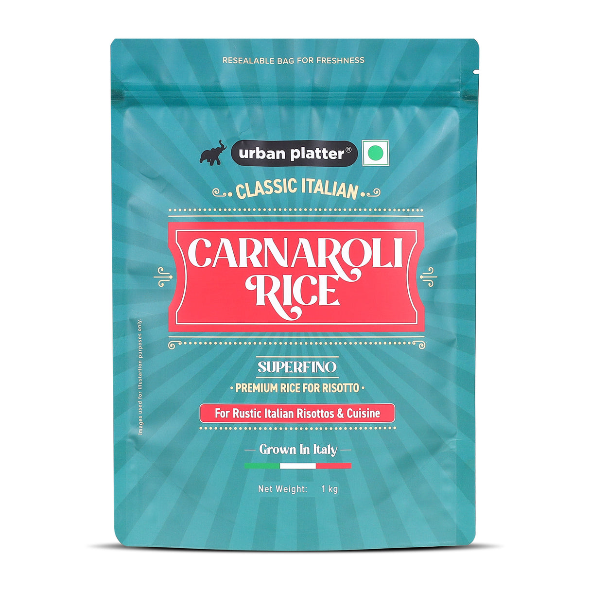 Urban Platter Carnaroli Rice, 1Kg (Product of Italy, Italian Carnaroli Rice for Risottos, Arancini, and Rustic preparations, Vacuum Packed for Freshness and Quality) - front pack