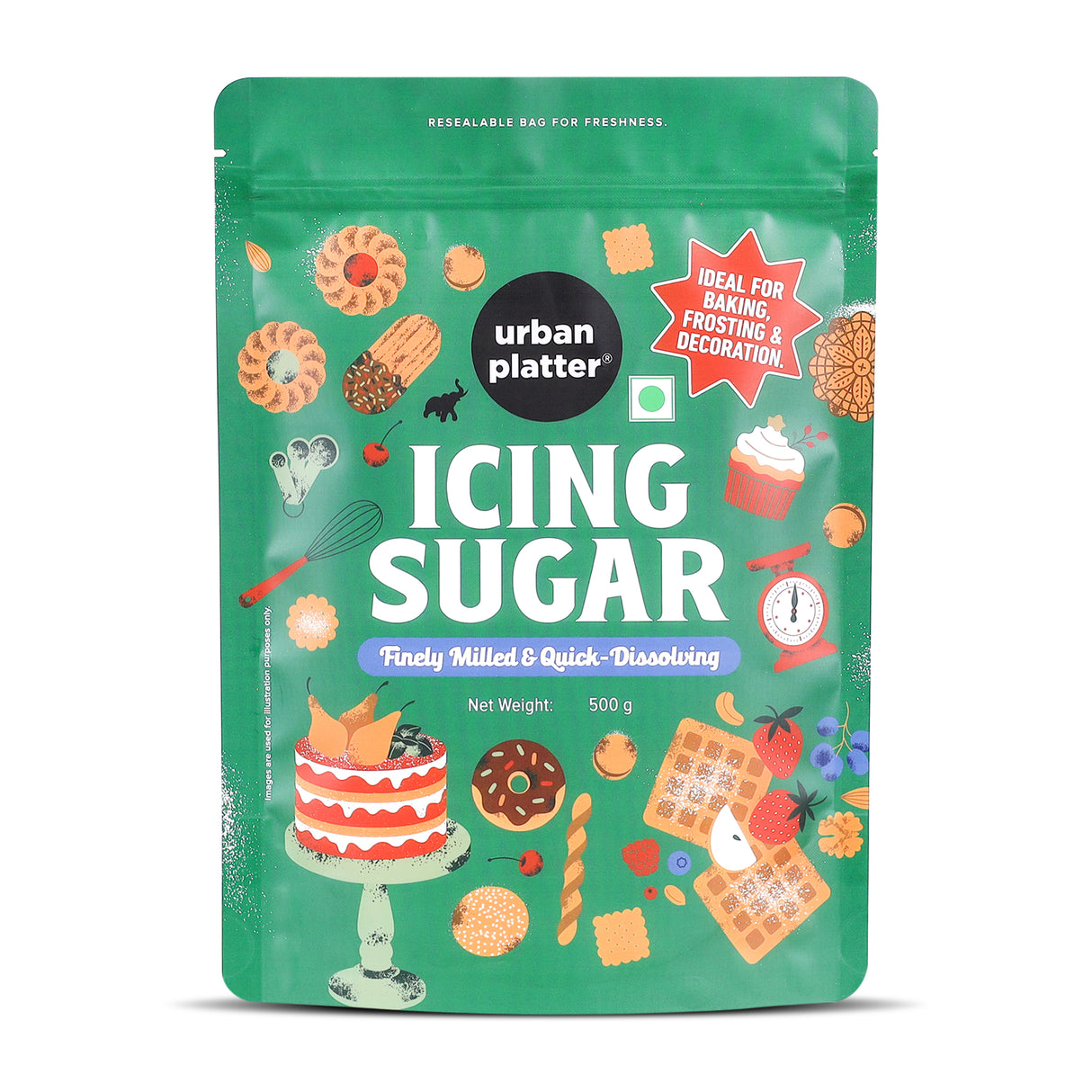 Urban Platter Icing Sugar, 500g (Finely Milled, Quick-Dissolving, Ideal for Frosting, Baking & Decoration) - front pack