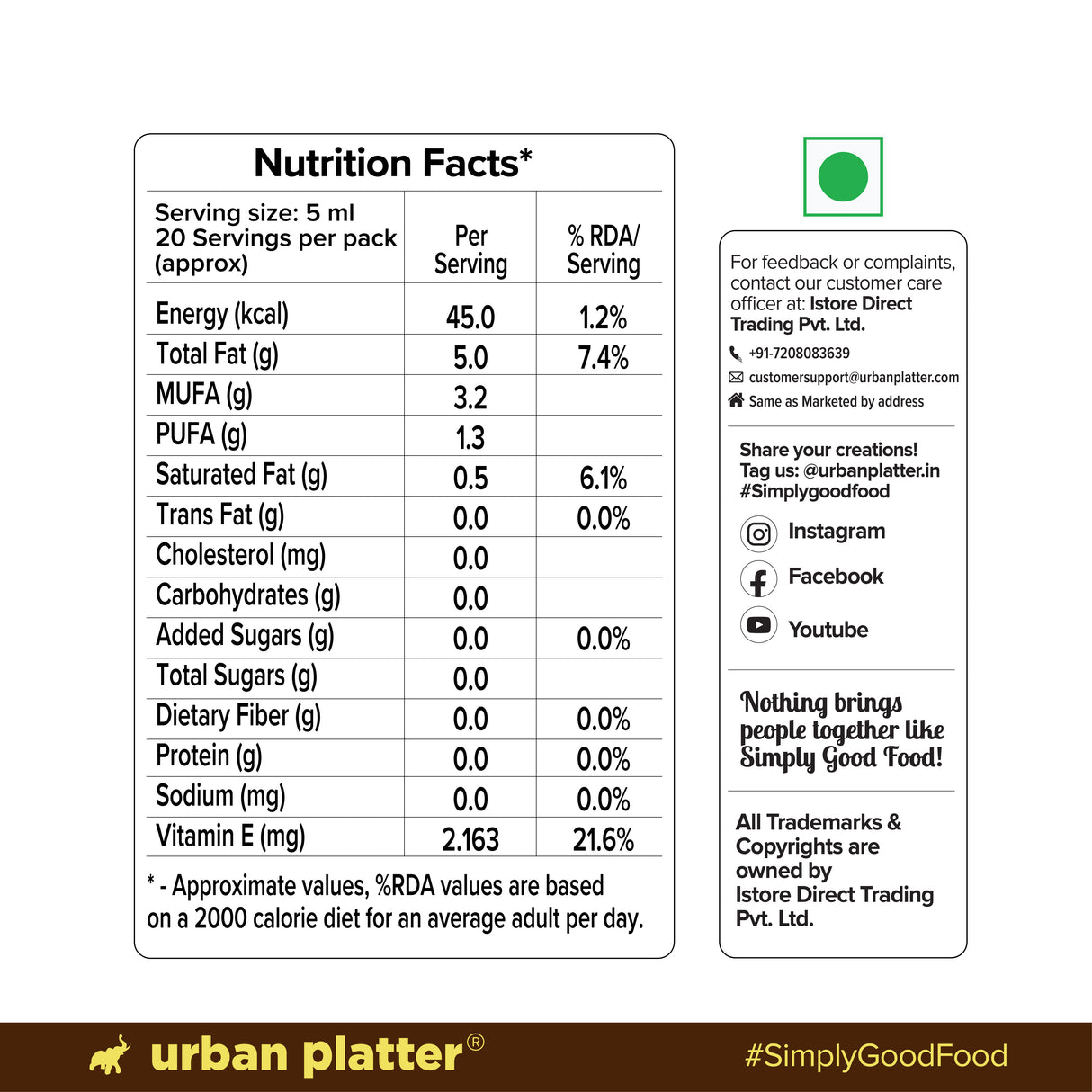 Urban Platter Cold Pressed Almond Oil, 100ml (Light Nutty Finishing Oil for Salads, Drizzling, Gourmet Baking & Natural Hair/Skin Nourishment, Supports Skin Elasticity)