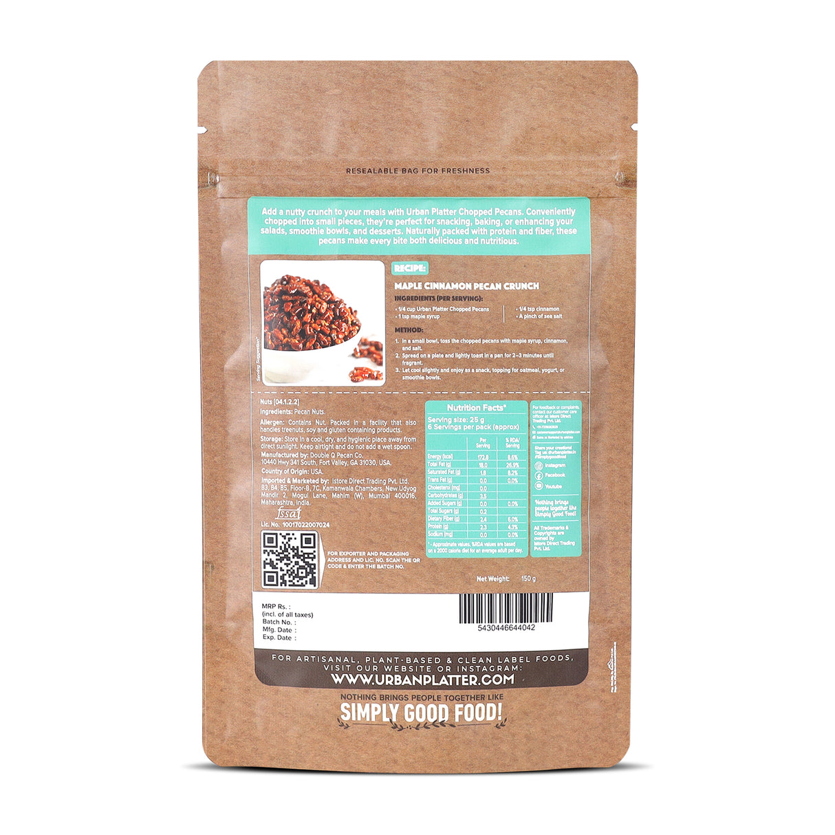 Urban Platter Chopped Pecans, 150g (Imported from the USA | Ideal for Baking, Desserts & Everyday Snacking)